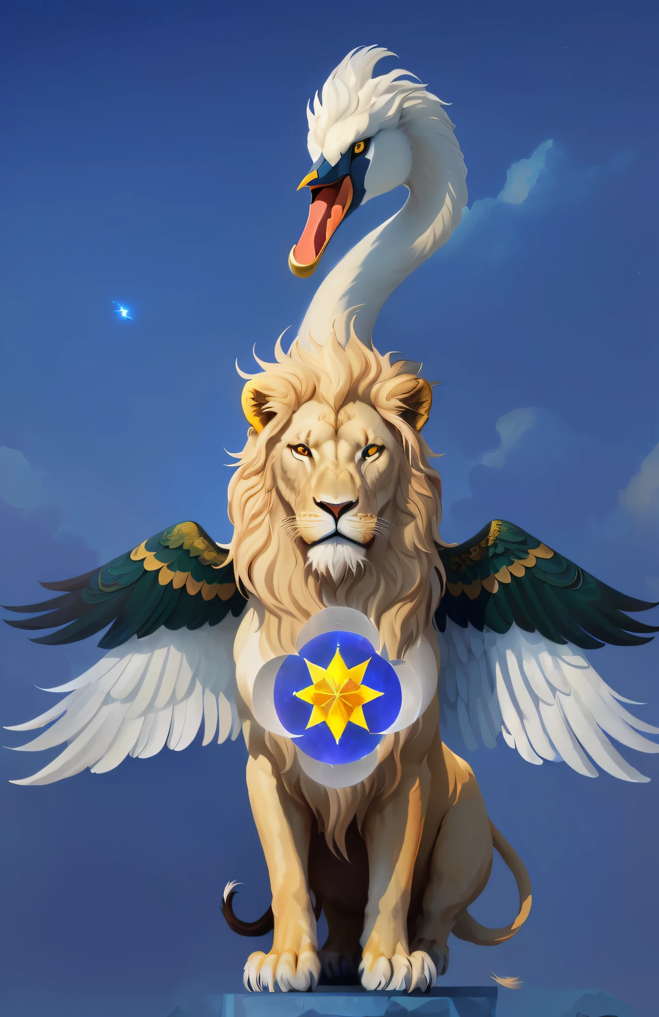 there is a white swan sitting on top of a lion, aslan the lion, ophanim has bird wings, greek myth digital painting, major arcana sky, thoth, majestic wings, gryphon, mythical creature, emblem of wisdom, inspired by Cedric Seaut (Keos Masons), aries fiery ram tarot, royal bird, 2 d full body lion