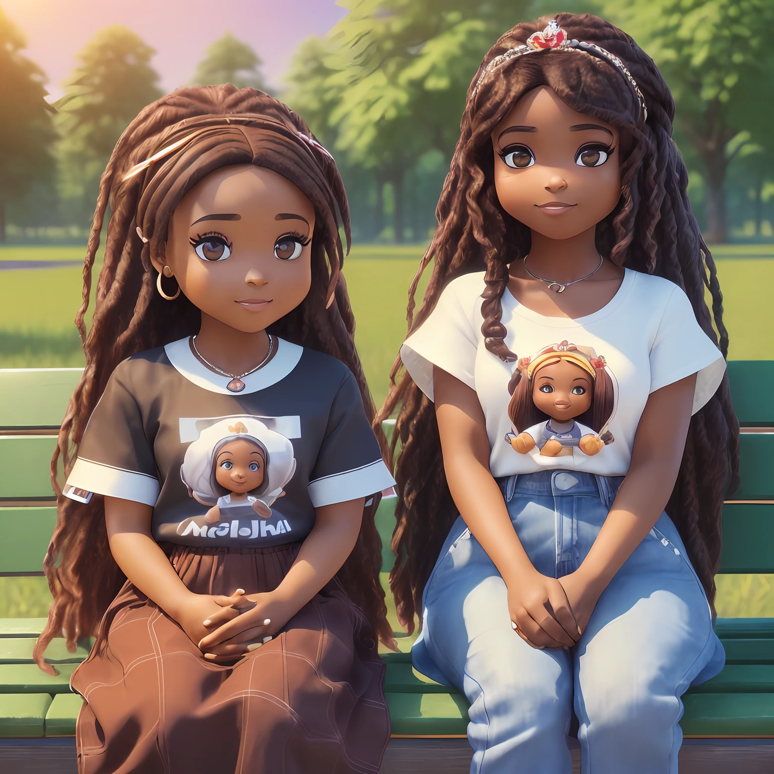 Rendering in (((3D)), of (((mother))), (crisp perfect facial features: 1.15), (((solo))),  well-defined symmetrical face, kind eyes, (dark brown skin tone) , cute, afro-alpine, cute smile, ((sitting on a bench in the park)), (((chibi))) wearing t-shirt and jeans, current fashion, long hair with princess accessories, park background, sunset sunset, (close-up of a traditional family), product preview, detailed details, pixar style, (((modeled face))), trend art, sharp details, cgsociety, very high quality digital art, exquisite hyperdetail, 4k, 8k soft lighting, dreamy, fashion, unreal mechanism rendering -- ar 9:16 --auto --s2