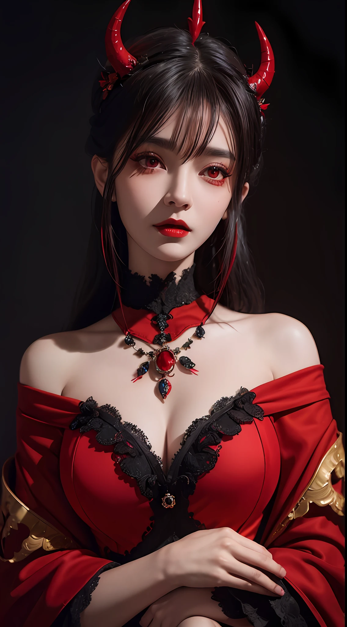 1 beautiful devil woman from hell, In the Dark: 1.6), surreal female portrait by David Hockney and Alphonse Mucha, fantasy art, korea doll, photorealism, dynamic lighting, artstation, poster, volumetric lighting, very detailed faces, 8k ultra, Awarded, in the dark, deep shadow, low key, cowboy lens, (Red phoenix dress: 1.4), long hair, black hair, bust, luxurious palace, Royal style, devil crown, red eyes make up very sharp and detailed, The most beautiful face, big and regular breasts, Super realistic, chinese women's clothing, polo neck sweater, Charming smile, The eyes are very well made up, guweiz, devil style, loong, wearing black mesh socks, 2 bangs braided hair, Red lips, Devil tattoo on shoulder, wearing a thin red and black robe, the landscape is overcast and thunderous, (Portrait), Close-up of the main character, (Background details 1.8), Hugging the heroine,