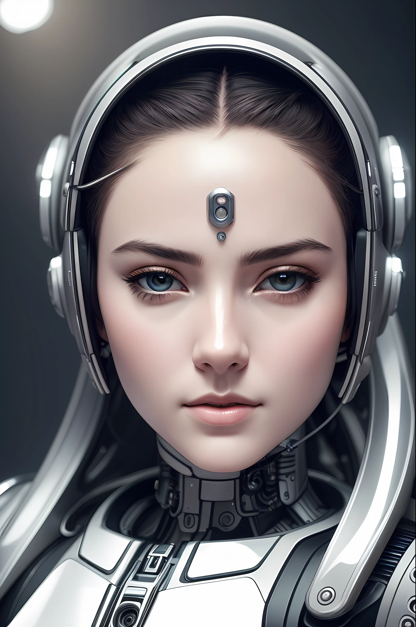 Complex 3d render ultra-detailed beautiful porcelain profile female android face, cyborg, robot parts, 150mm, beautiful studio soft lights, rim lights, vivid details, gorgeous cyberpunk, racing, surreal, anatomical , facial muscles, cable wires, microchip, elegant, beautiful background, octane rendering, HR Giger style, 8k, top quality, masterpiece, illustration, very delicate and beautiful, highly detailed, CG, uniform, wallpaper, ( Realistic, Photorealistic: 1.37), Awesome, Finely detailed, Masterpiece, Top quality, Official art, Highly detailed CG unity 8k wallpaper, Absurd, Incredibly absurd, Robot, Silver Halmet, Full body, Sitting