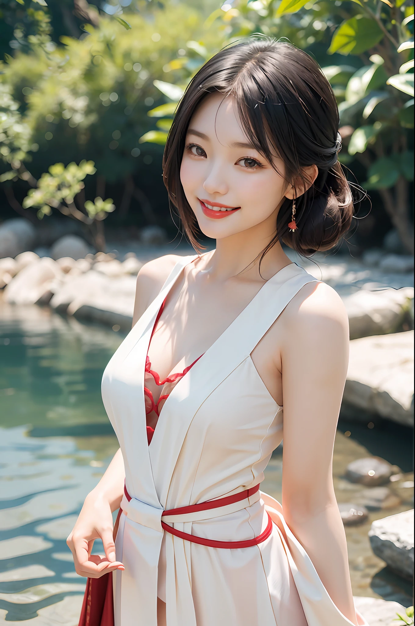 A Japanese woman is standing near river, peach Red lips, tender and smooth skin,(white skin:1.1),black hair,(smile:1.2),very realistic details,  ultra-high resolution,bokeh,outstanding details, 8K