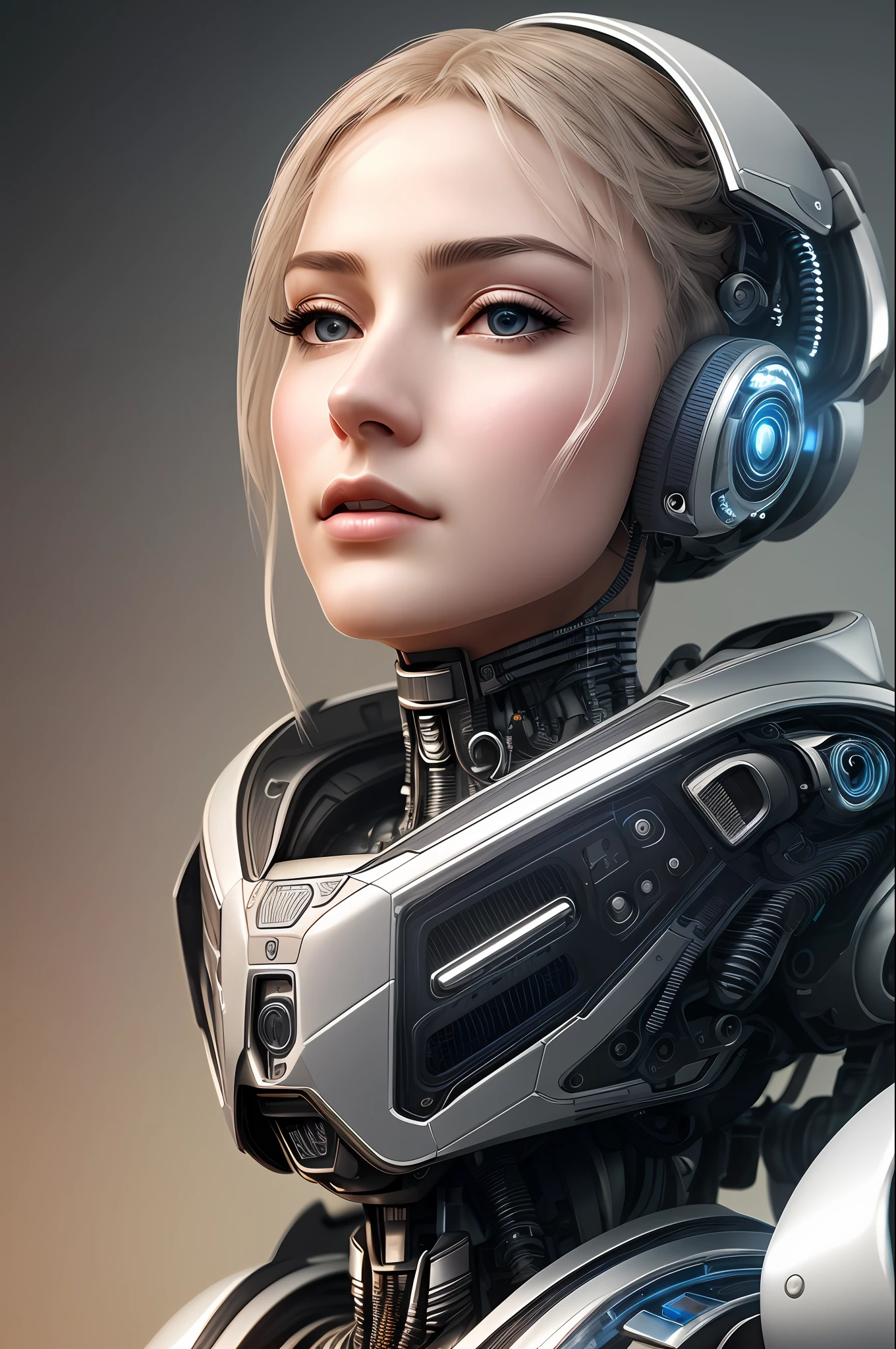 Complex 3d render ultra-detailed beautiful porcelain profile female android face, cyborg, robot parts, 150mm, beautiful studio soft lights, rim lights, vivid details, gorgeous cyberpunk, racing, surreal, anatomical , facial muscles, cable wires, microchip, elegant, beautiful background, octane rendering, HR Giger style, 8k, top quality, masterpiece, illustration, very delicate and beautiful, highly detailed, CG, uniform, wallpaper, ( Realistic, Photorealistic: 1.37), Awesome, Finely detailed, Masterpiece, Top quality, Official art, Highly detailed CG unity 8k wallpaper, Absurd, Incredibly absurd, Robot, Silver Halmet, Full body, Sitting
