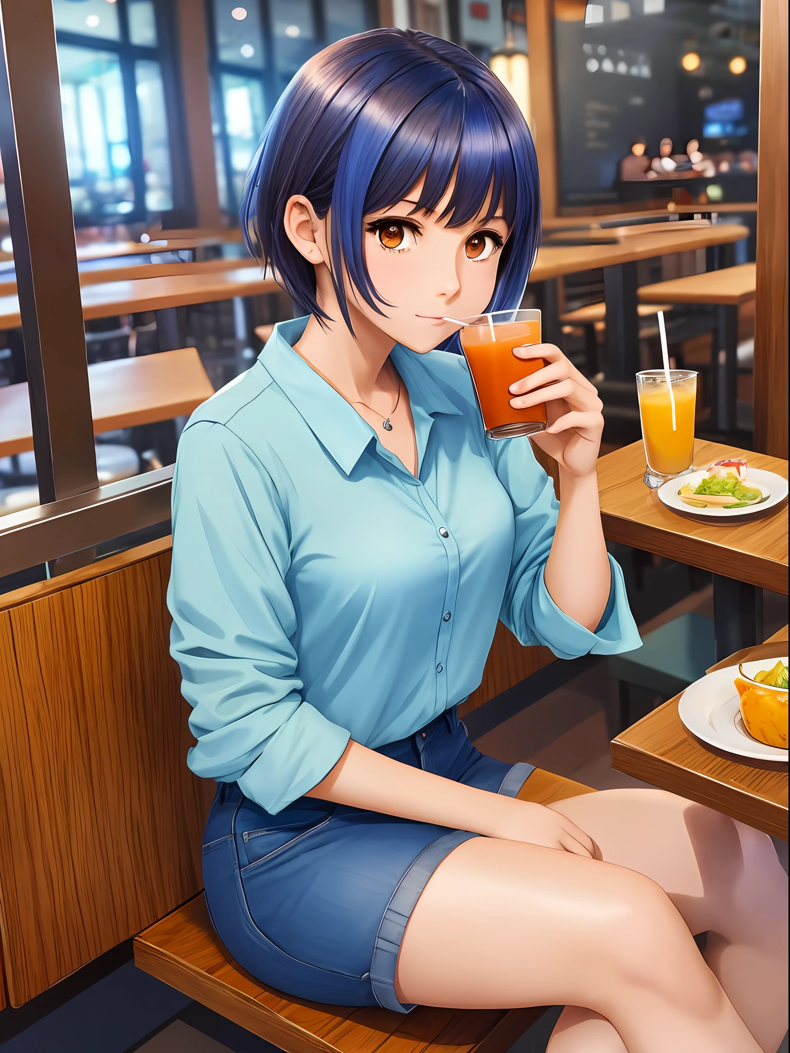 1 anime style girl, brown eyes, short brown hair with (blue locks), wears a light blue blouse and shorts, sitting in a restaurant drinking juice, super detailed