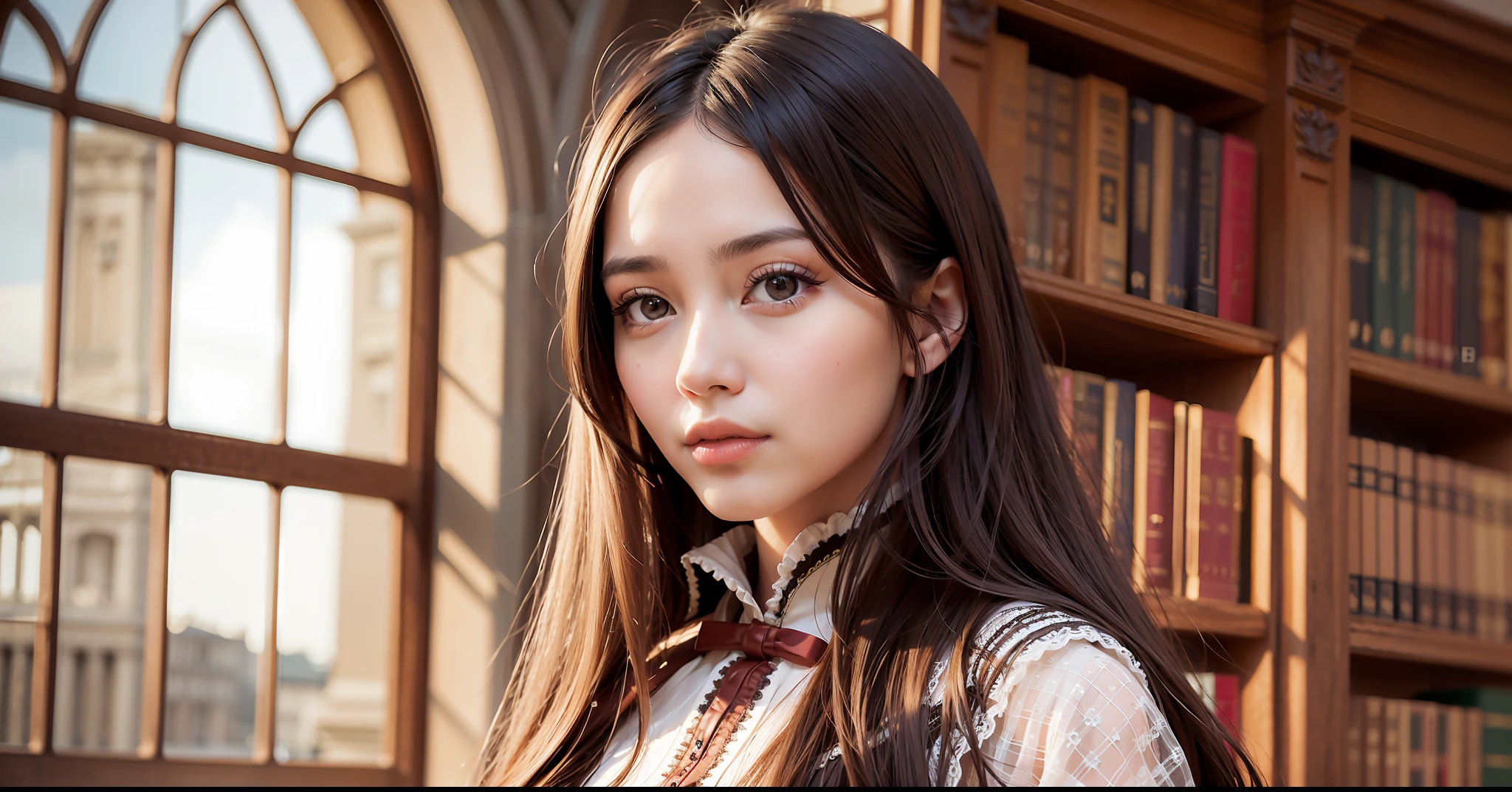 8k,Rome Girl,Smart, Brown Long Straight Hair, High detailed, Masterpiece, Long Coat,18 Century Dress, Library, Window background, High detailed,Garden,