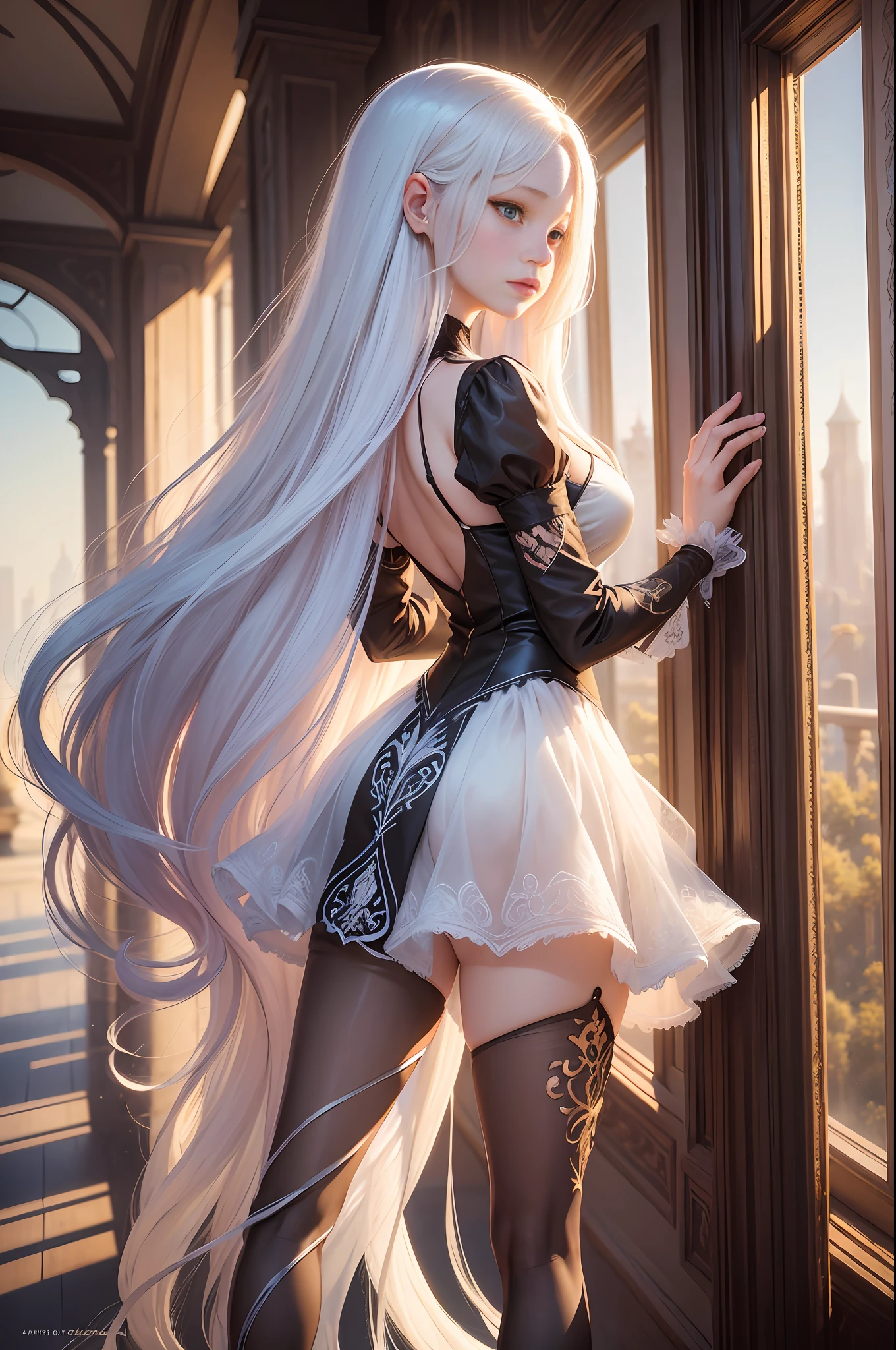 FS, an albino girl with perfect 10 features and long black Rapunzel-like hair, stands in a picturesque Avatar-like scene. Her body is graceful with a petite bust and slender legs. The girl looks stunning in a sheer organza dress with intricate designs. Her high-heeled shoes are elegant with golden patterns. The sunlight creates a subtle silhouette around her contours from the back, while soft and filling light illuminates her from the front. This scene has photorealistic qualities and is a concept art that creates a wow effect of:2. It can be found on the website 500px with hyper-superior details of:2. --auto --s2