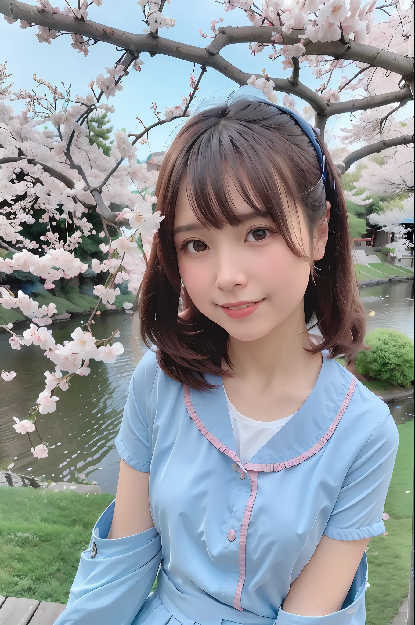 best quality, ultra high res, (photorealistic:1.4),blush,cute,(detailed face),light smile,
looking at viewer,
upper body, japanese clothes,
sunny,river,(cherry blossoms),blue sky,