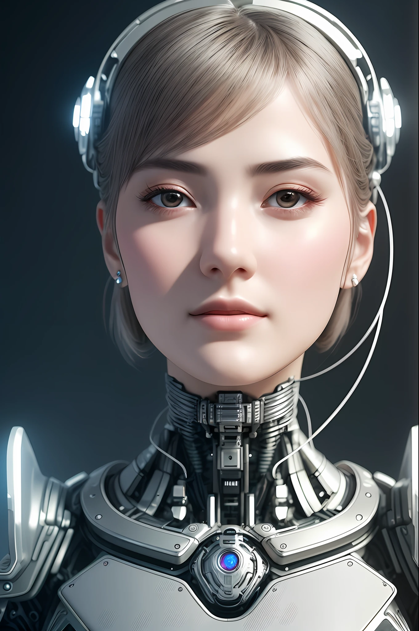 Complex 3d render ultra-detailed beautiful porcelain profile female android face, cyborg, robot part, 150 mm, beautiful studio soft light, rim light, vivid details, gorgeous cyberpunk, lace, surreal, anatomical, face muscle, cable wire, microchip, elegant, beautiful background, octane rendering, HR Giger style, 8k, top quality, masterpiece, illustration, very delicate and beautiful, highly detailed, CG, uniform, wallpaper, ( realistic, Photorealistic: 1.37), Amazing, Elaborate, Masterpiece, Top quality, Official art, Highly detailed CG unity 8k wallpaper, Absurd, Incredibly absurd, Robot, Silver Halmet, Full body, Sitting