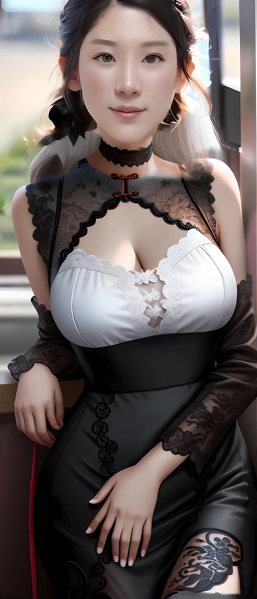 Wearing a split lace cheongsam