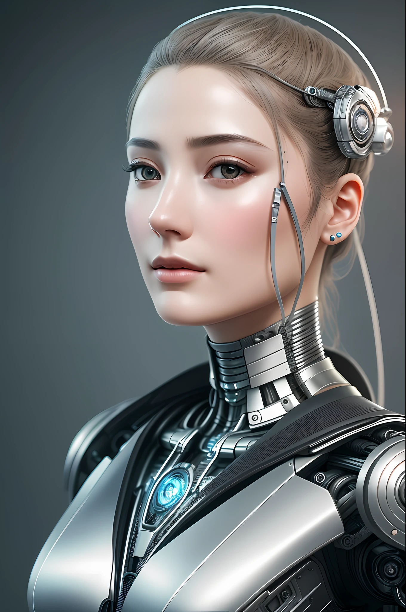 Complex 3d render ultra-detailed beautiful porcelain profile female android face, cyborg, robot part, 150 mm, beautiful studio soft light, rim light, vivid details, gorgeous cyberpunk, lace, surreal, anatomical, face muscle, cable wire, microchip, elegant, beautiful background, octane rendering, HR Giger style, 8k, top quality, masterpiece, illustration, very delicate and beautiful, highly detailed, CG, uniform, wallpaper, ( realistic, Photorealistic: 1.37), Amazing, Elaborate, Masterpiece, Top quality, Official art, Highly detailed CG unity 8k wallpaper, Absurd, Incredibly absurd, Robot, Silver Halmet, Full body, Sitting