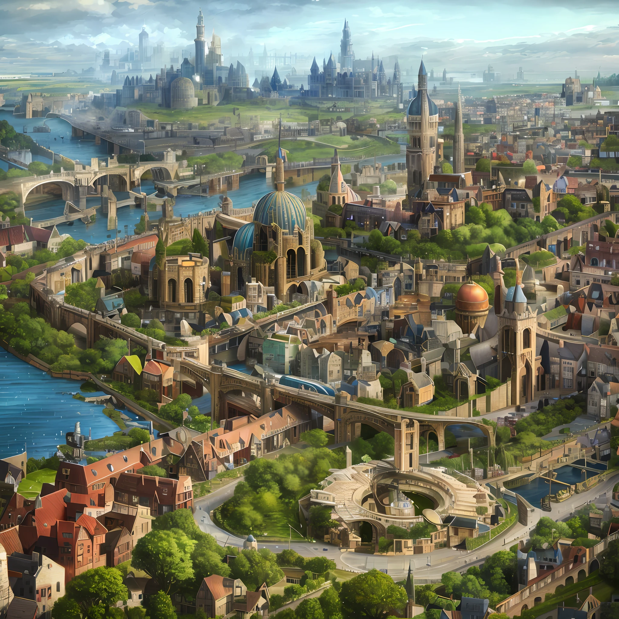 Arafed view of a city with a river and a bridge, fantasy capital city, medieval city, highly detailed 4k digital art, medieval city background, Victorian steampunk mega city, ancient steampunk city, Renaissance port city background, steampunk city view, fantasy cityscape, a medieval city, fantasy city background, a bustling magical city,  medieval fantasy city