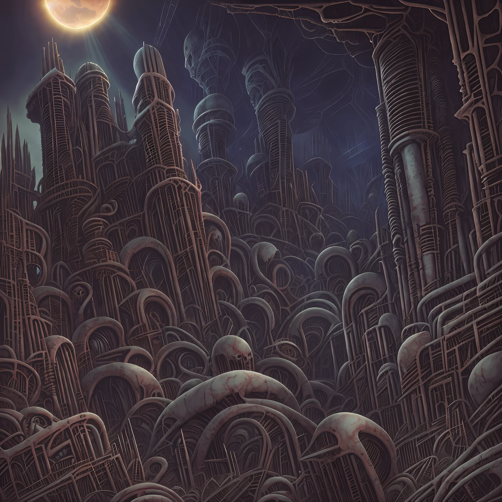 Wide angle, underground dark valley, biomechanical buildings, Intrincated evil sculptures, ruins and thorns and obscure walls. Satanic temple, pentagram on the ground and polluted river, obscured by the sun. Horror art, hyperdetailed painting, color drawing. Art by Dan Seagrave