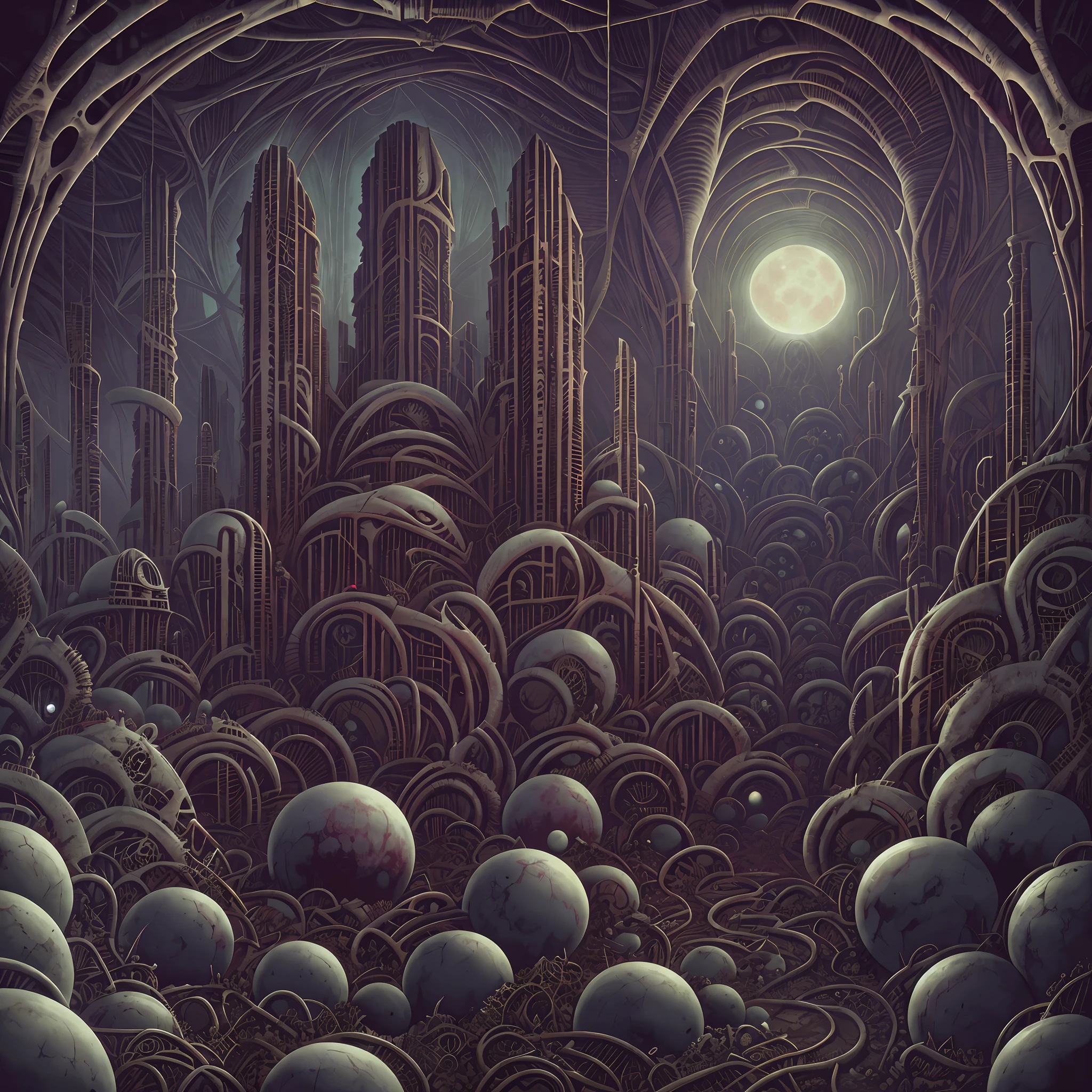 Wide angle, underground dark valley, biomechanical buildings, Intrincated evil sculptures, ruins and thorns and obscure walls. Satanic temple, pentagram on the ground and polluted river, obscured by the sun. Horror art, hyperdetailed painting, color drawing. Art by Dan Seagrave