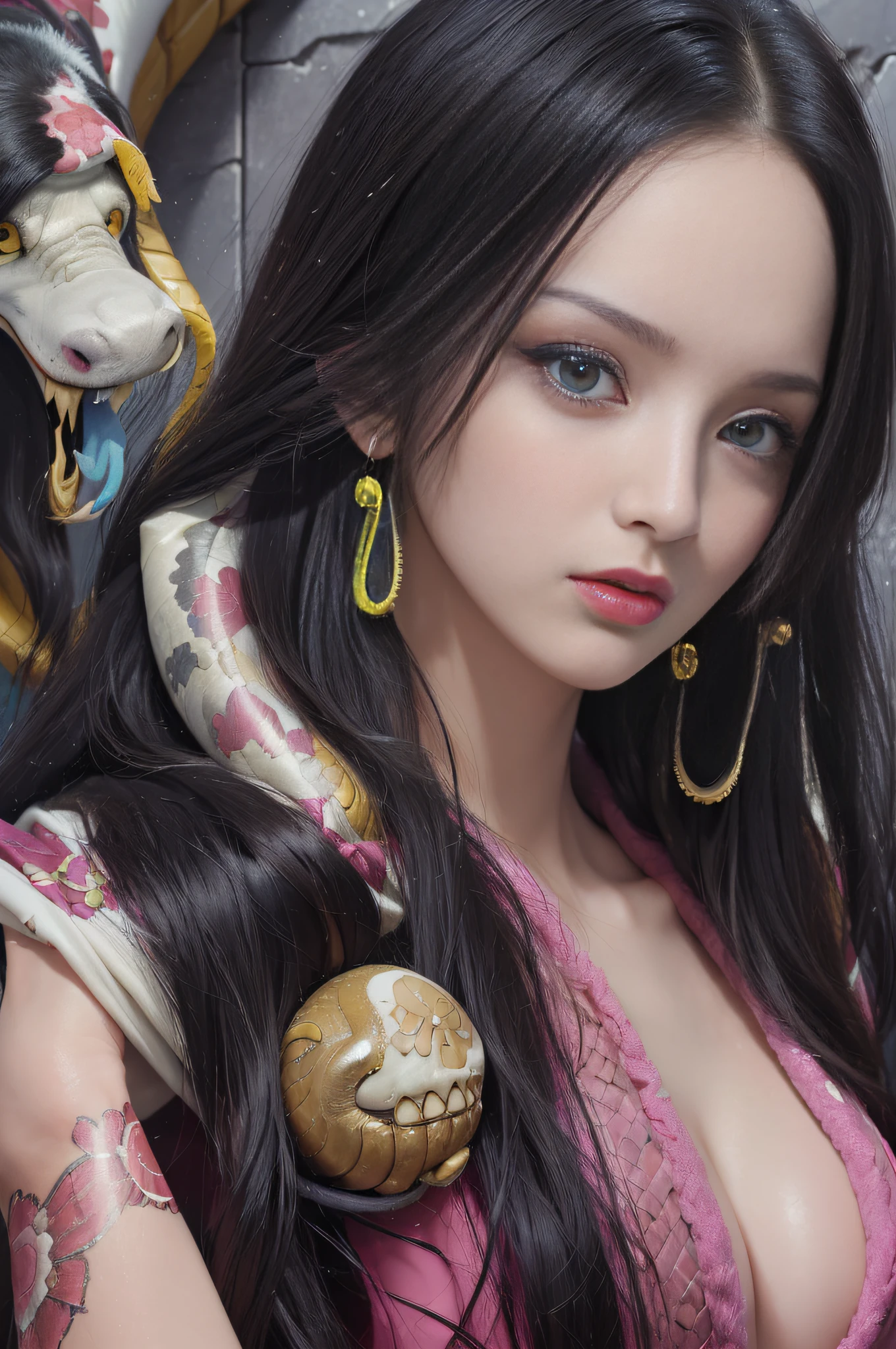 (((masterpiece+best quality+high resolution+ultra-detailed))), boa hancock, long silky black hair, high nose, sharp eyes, noble and inviolable temperament, (([female]: 1.2 + [beauty]: 1.2 + black long hair: 1.2)), snake_skull background, bright eyes, dynamic angle and posture.