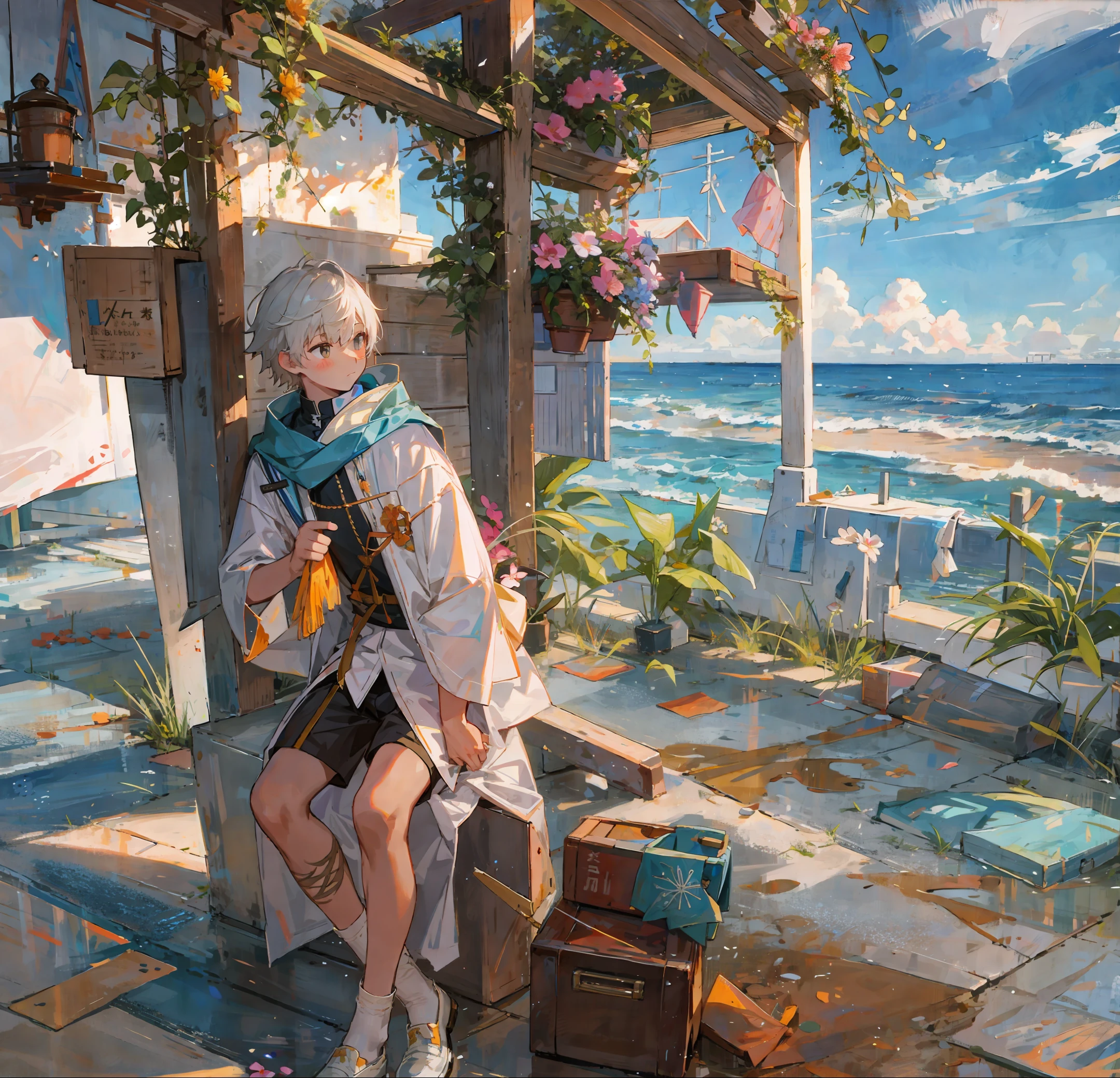 Cute boy, seaside, sunset, flowers