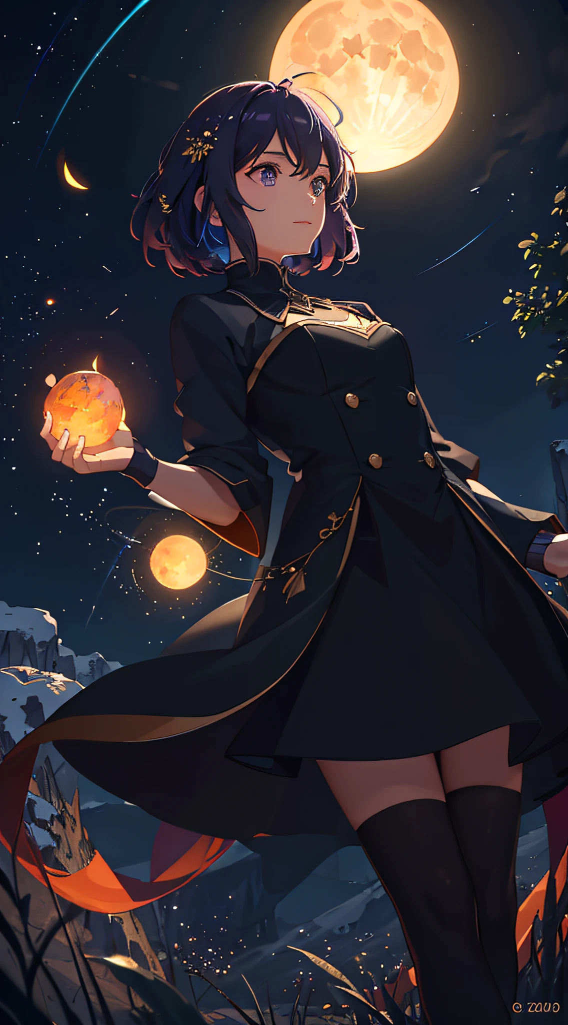 Vast landscape photo, (viewed from below, the sky is above and the open field is below), a girl standing on a flower field looking up, (full moon: 1.2), (meteor: 0.9), (nebula: 1.3), distant mountains , Trees BREAK Crafting Art, (Warm Light: 1.2), (Fireflies: 1.2), Lights, Lots of Purple and Orange, Intricate Details, Volumetric Lighting, Realism BREAK (Masterpiece: 1.2), (Best Quality), 4k, Ultra-Detailed, (Dynamic Composition: 1.4), Very Detailed, Colorful Details, (Rainbow Colors: 1.2), (Glow Lighting, Atmospheric Lighting), Dreamy, Magical, (Solo: 1.2)