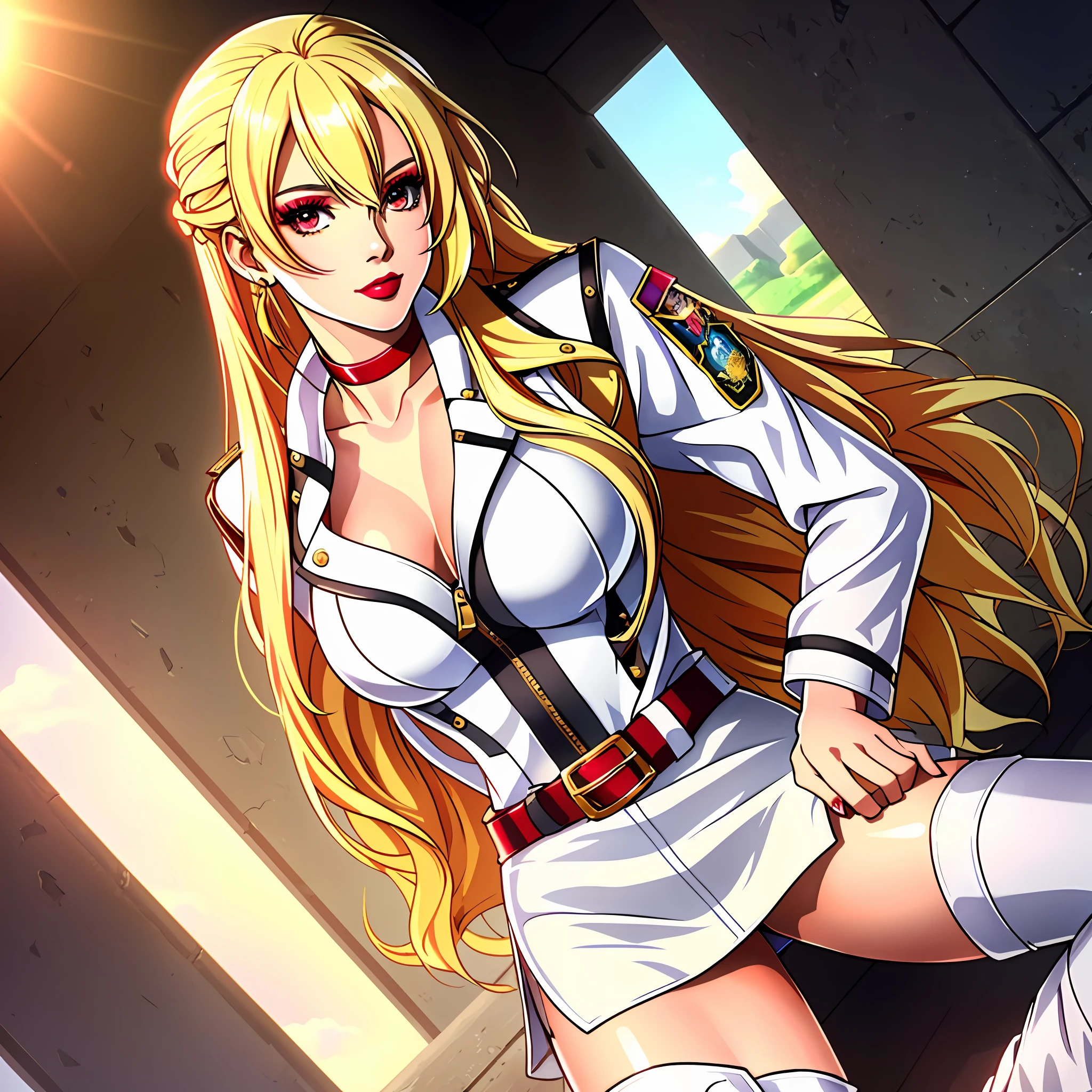 (solo), she is Alisa Reinford, (long blonde hair, red eyes, white skin, shiny skin, medium breasts, makeup, lipstick), wearing a sexy white leather jacket, shoulders showing, short skirt, high-top boots, choker, in the military academy, looking at the viewer, masterpiece, best quality, 8k, sharp focus, depth of field, best shadows, perfect lights, HDR, realistic skin texture, hyper detailed background, anime style, sunny day,