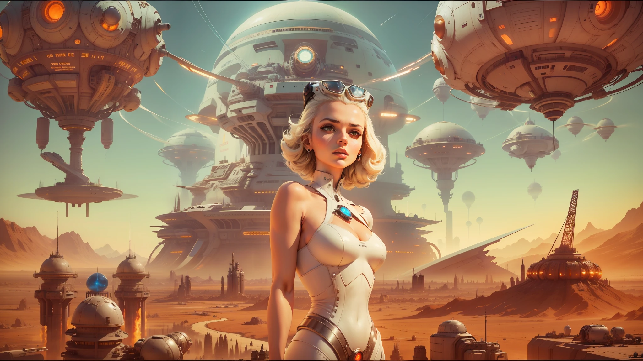 arafed image of a woman in a white dress standing in front of a futuristic city, atomic punk, rendering of beauty pageant, futuristic cloning facility, heavy metal artwork, mars attacks, in front of a nuclear explosion, futuristic valley, big computer, striking artstyle, futuristic france, irradiated humans, 2 0 5 0 s, matriarchy --auto --s2