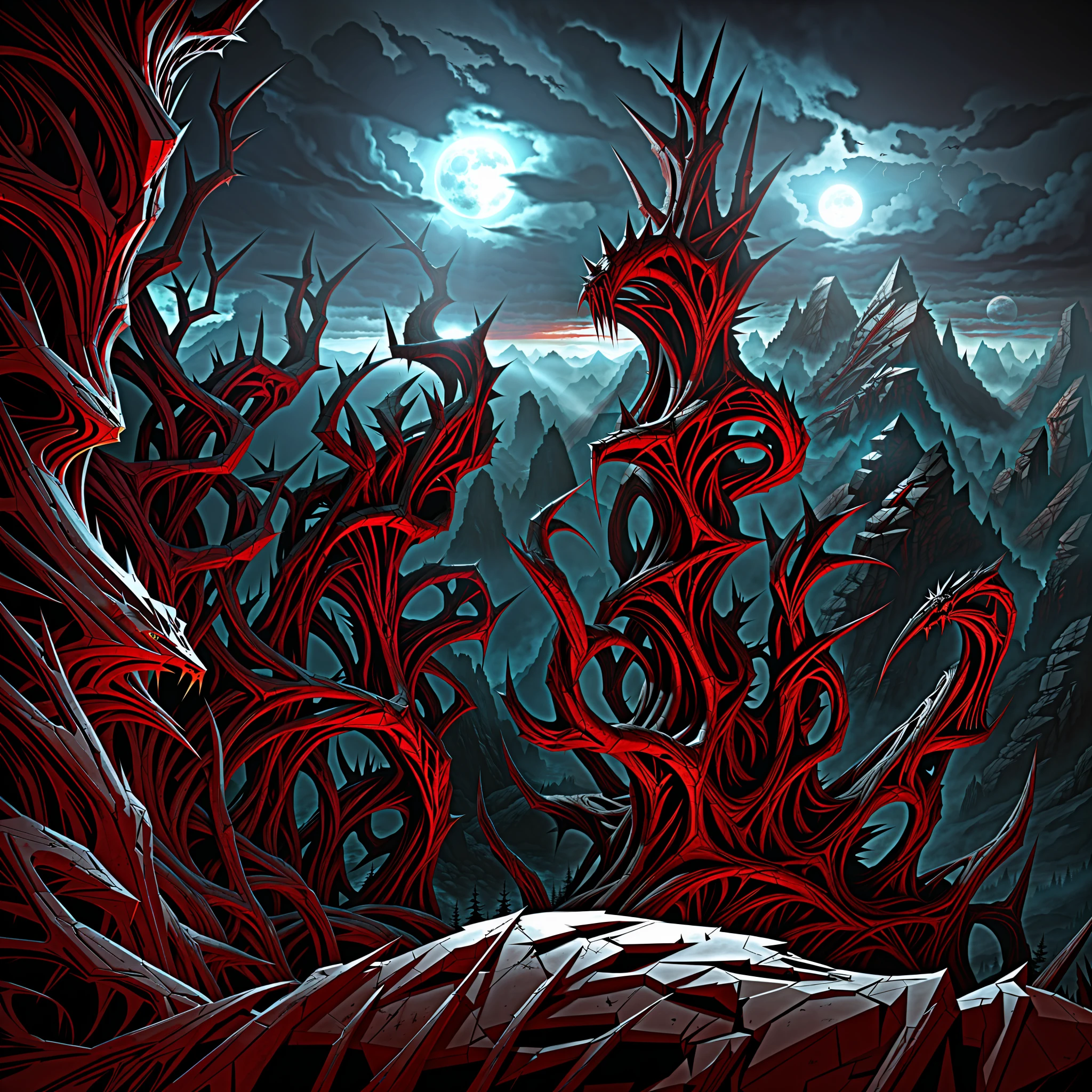 Dynamic angle, view from the top of the peak: horror art landscape, dark valley, Intrincated biomechanical sculptures, evil creatures sculptures in many variations, biomorphic evil creatures, madness, dramatic red sky, blood moon, spiked walls, thorns, artstation, uhd, unreal engine, line art drawing style.