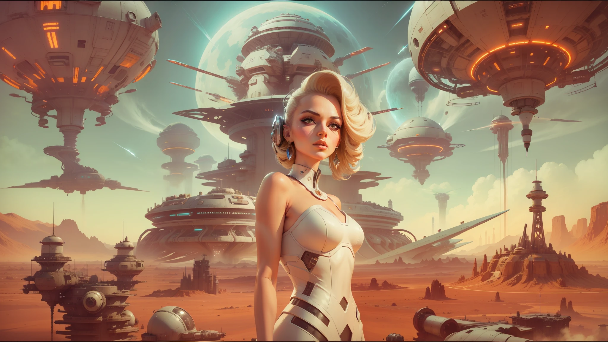 arafed image of a woman in a white dress standing in front of a futuristic city, atomic punk, rendering of beauty pageant, futuristic cloning facility, heavy metal artwork, mars attacks, in front of a nuclear explosion, futuristic valley, big computer, striking artstyle, futuristic france, irradiated humans, 2 0 5 0 s, matriarchy --auto --s2