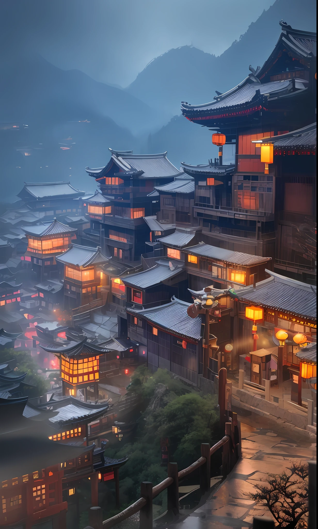 arafed view of a village with a lot of lights on the buildings, dreamy chinese town, chinese village, amazing wallpaper, japanese town, japanese village, hyper realistic photo of a town, old asian village, japanese city, by Raymond Han, rainy evening, cyberpunk chinese ancient castle, beautifully lit buildings, at evening during rain, beautiful and aesthetic, photography, cinematic, 8k, high detailed ((Heavy rain)))