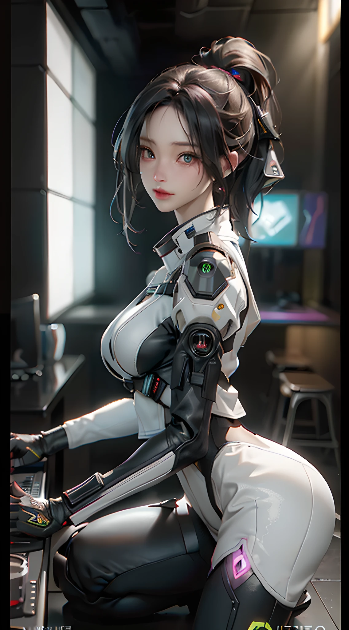 ((Best quality)), ((masterpiece)), (detailed:1.4), 3D, an image of a beautiful cyberpunk female,HDR (High Dynamic Range),Ray Tracing,NVIDIA RTX,Super-Resolution,Unreal 5,Subsurface scattering,PBR Texturing,Post-processing,Anisotropic Filtering,Depth-of-field,Maximum clarity and sharpness,Multi-layered textures,Albedo and Specular maps,Surface shading,Accurate simulation of light-material interaction,Perfect proportions,Octane Render,Two-tone lighting,Wide aperture,Low ISO,White balance,Rule of thirds,8K RAW,