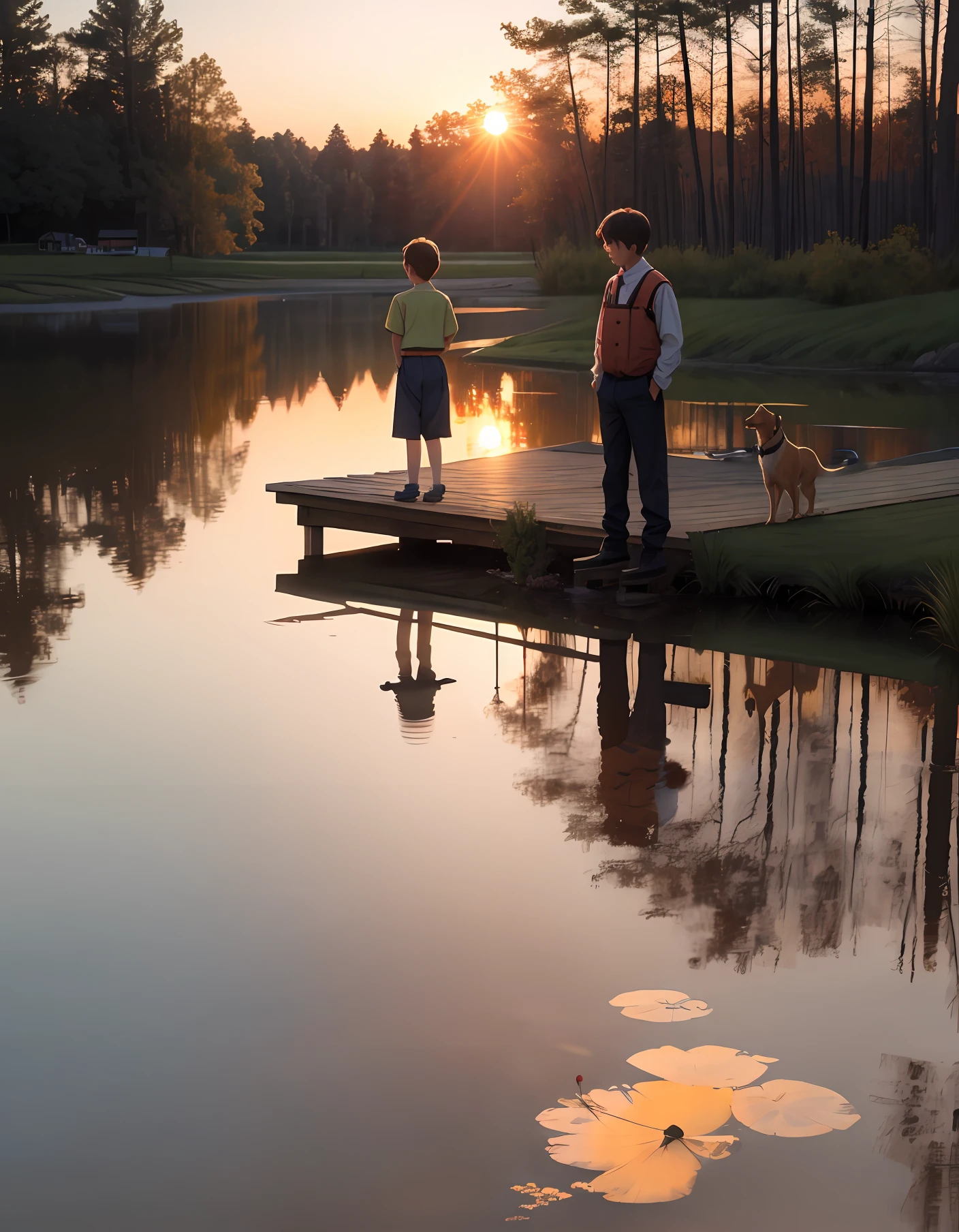 pond at sunset, boy and his dog