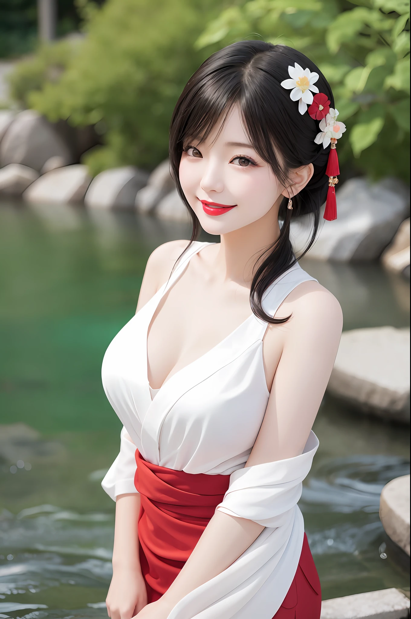 A Japanese woman is standing near river, peach Red lips, tender and smooth skin,(white skin:1.1),black hair,(smile:1.2),very realistic details, ultra-high resolution,bokeh,outstanding details, 8K