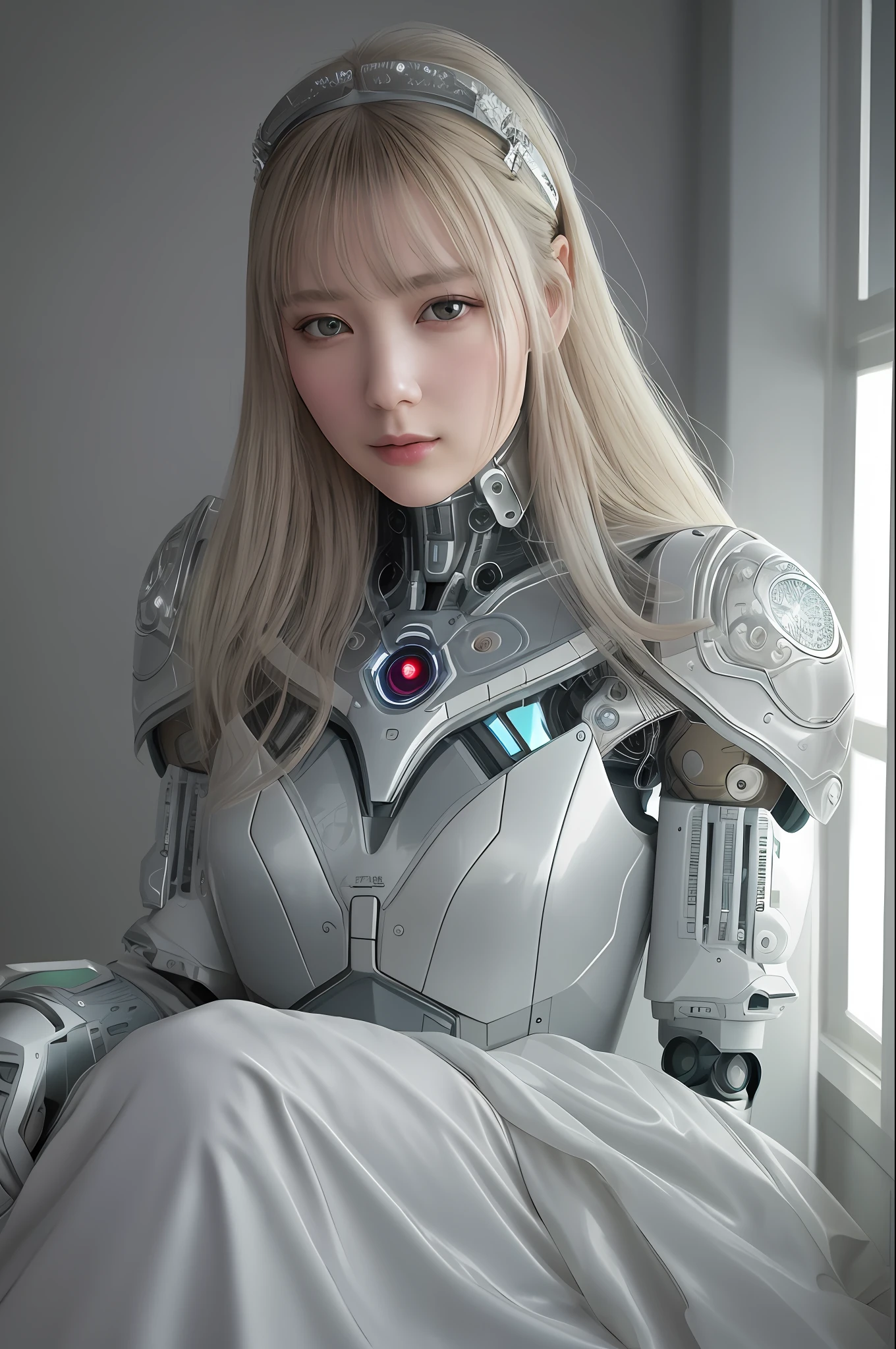 Complex 3d render ultra-detailed beautiful porcelain profile female android face, cyborg, robot part, 150 mm, beautiful studio soft light, rim light, vivid details, gorgeous cyberpunk, lace, surreal, anatomical, face muscle, cable wire, microchip, elegant, beautiful background, octane rendering, HR Giger style, 8k, top quality, masterpiece, illustration, very delicate and beautiful, highly detailed, CG, uniform, wallpaper, ( realistic, Photorealistic: 1.37), Amazing, Elaborate, Masterpiece, Top quality, Official art, Highly detailed CG unity 8k wallpaper, Absurd, Incredibly absurd, Robot, Silver Halmet, Full body, Sitting
