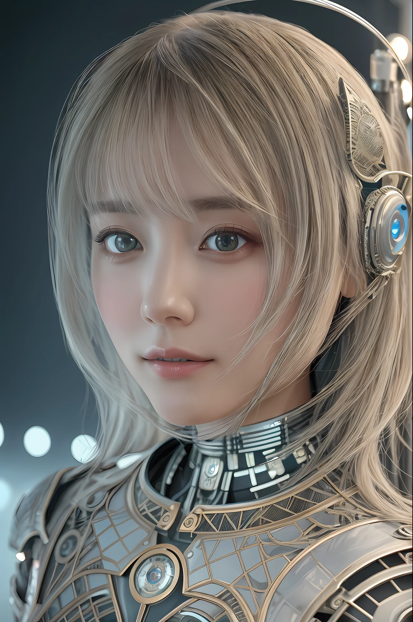 Complex 3d render ultra-detailed beautiful porcelain profile female android face, cyborg, robot part, 150 mm, beautiful studio soft light, rim light, vivid details, gorgeous cyberpunk, lace, surreal, anatomical, face muscle, cable wire, microchip, elegant, beautiful background, octane rendering, HR Giger style, 8k, top quality, masterpiece, illustration, very delicate and beautiful, highly detailed, CG, uniform, wallpaper, ( realistic, Photorealistic: 1.37), Amazing, Elaborate, Masterpiece, Top quality, Official art, Highly detailed CG unity 8k wallpaper, Absurd, Incredibly absurd, Robot, Silver Halmet, Full body, Sitting