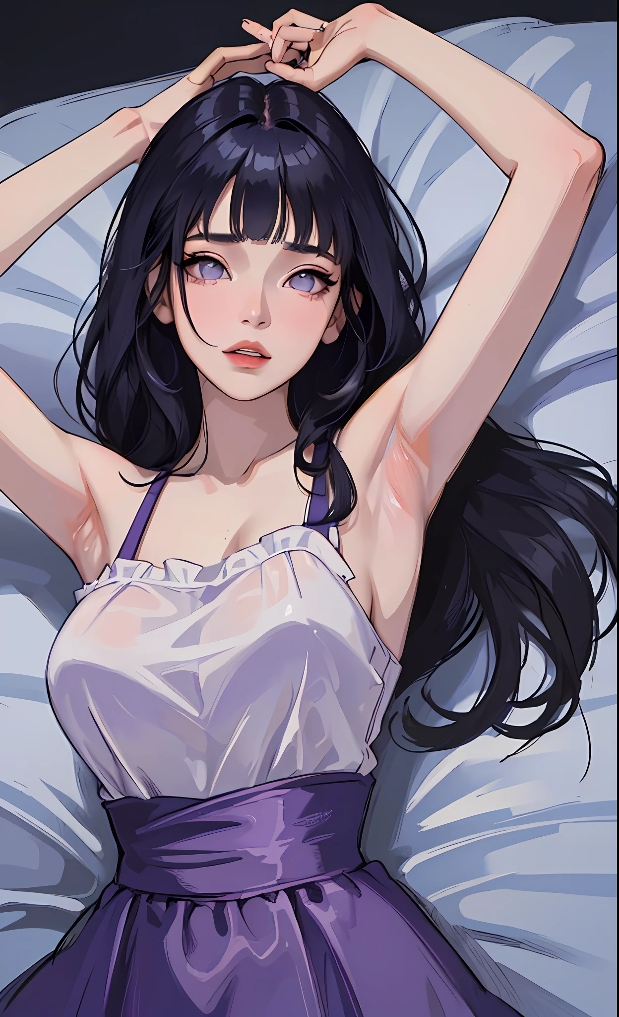 ((Top Quality, 8k, Masterpiece: 1.3)), Beauty, 1 Girl, Big: 1.3, Dark Blue Hair, (Lying in Bed: 1.2), Ultra Detailed Face, Highly Detailed Lips, purple Dress, blunt bangs, light purple eyes, long hair, arm up, armpit, flowing hair, sweat