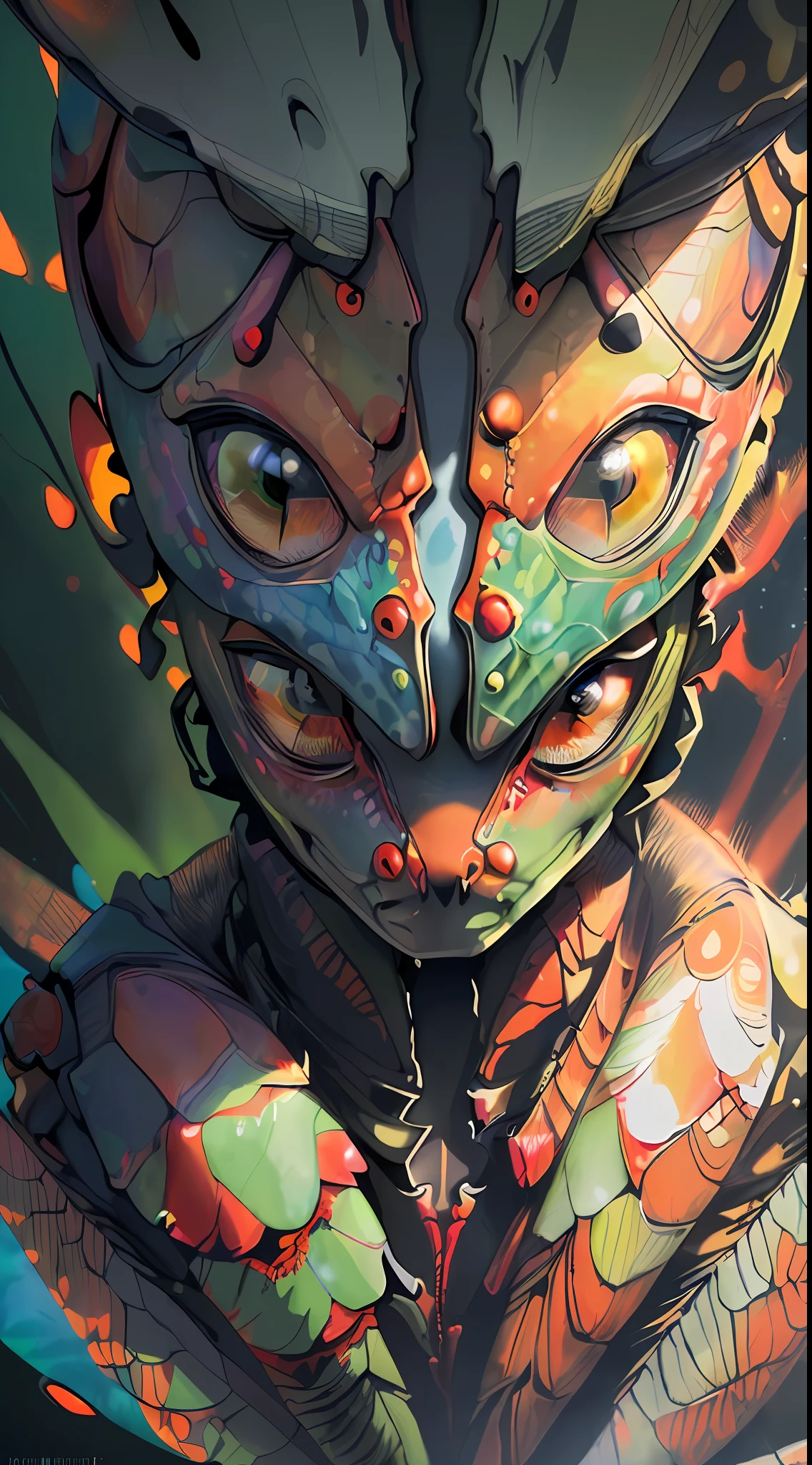 Hyperrealistic image of a (((praying mantis))), ((big eyes)), ((small mouth)), (((no nose))), red scratch, crown on head, (((inkspots)), ((colored inkblots)), mystical colors, rim light, (((dramatic and dark lighting))), 8k, stunning scene, raytracing, octane, trend in artstation