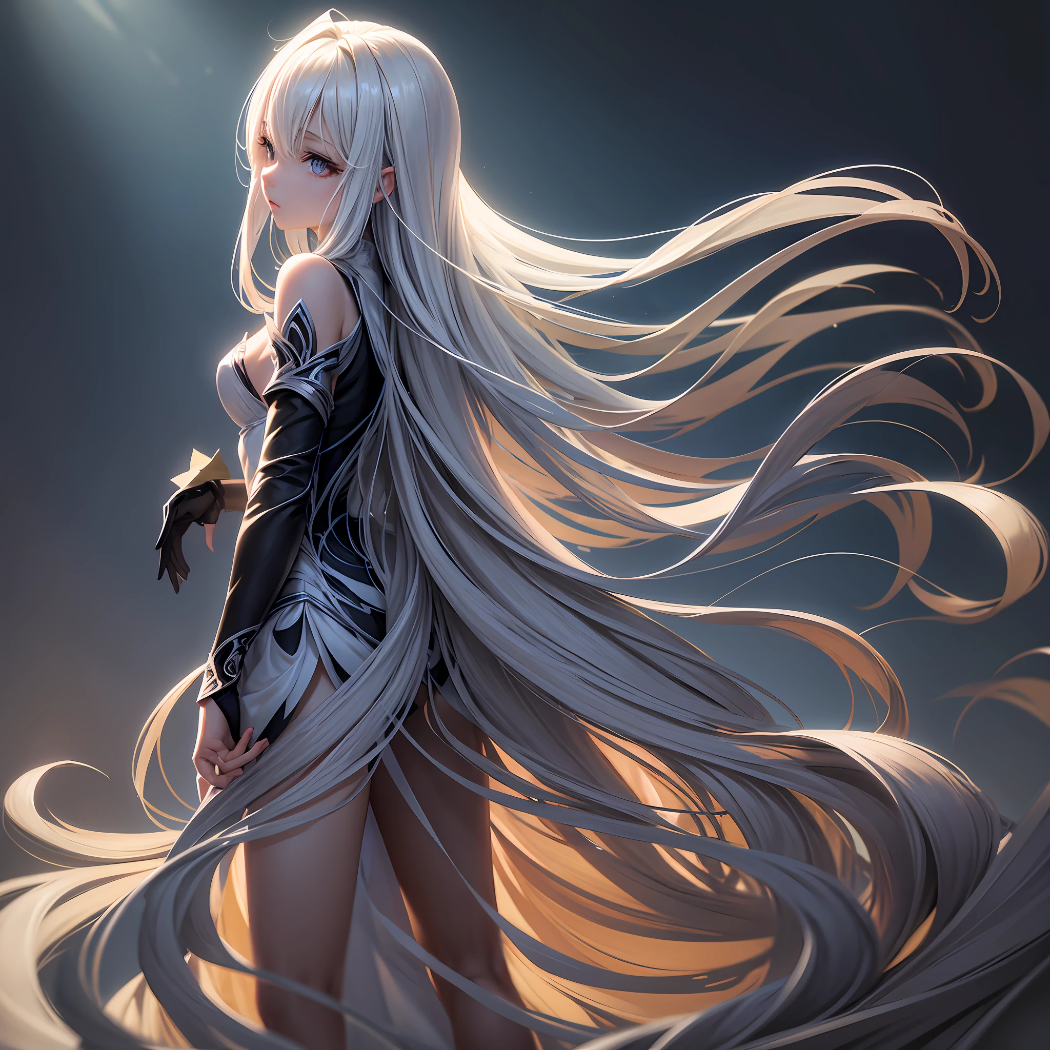 FS, an albino girl with perfect 10 features and long black Rapunzel-like hair, stands in a picturesque Avatar-like scene. Her body is graceful with a petite bust and slender legs. The girl looks stunning in a sheer organza dress with intricate designs. Her high-heeled shoes are elegant with golden patterns. The sunlight creates a subtle silhouette around her contours from the back, while soft and filling light illuminates her from the front. This scene has photorealistic qualities and is a concept art that creates a wow effect of:2. It can be found on the website 500px with hyper-superior details of:2. --auto --s2