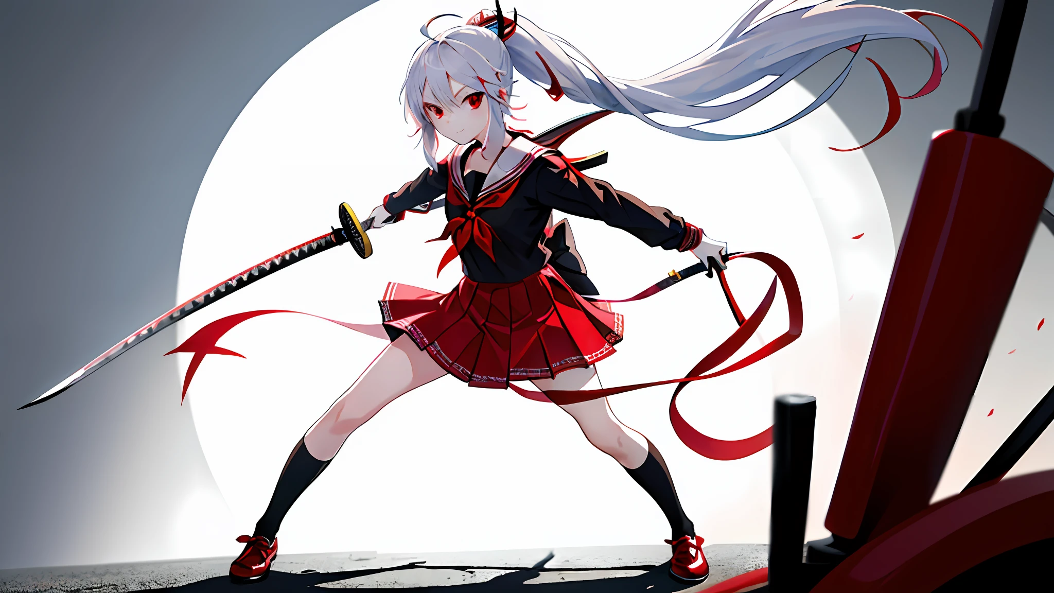 (((masterpiece))), best quality, illustration, (( girl)),full light white long hair, beautiful detailed red eyes, ((red and black serafuku)), short-sleeved, (((cute))), ((cute face)), full body, solo focus, standing, happy, long ponytail tied with red ribbon, ahoge, medium sized breasts,black shoes with red lining, wearning white thights, face viewer, fantasy background, demon slayer theme katana, holding katana, fighting stance