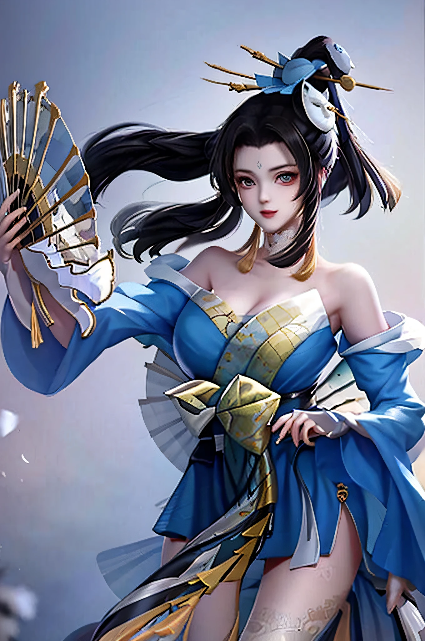 huowu,1girl, solo, black hair, long hair,white thighhighs, chair, high heels, cosplay,((upper body)),young and beautiful, tall and beautiful, fair face, perfect features, tall and beautiful, fair skin, good figure, 4k,cg,
holding fan, blue theme,gameCG background,3Drender,realistic,cinematic lighting,smooth fog,detailed face, light smile, (((The Architectural Background of Japanese Style)))
