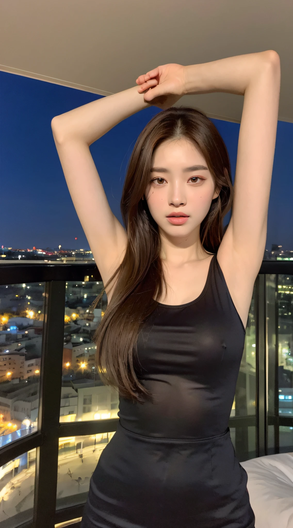 ((Best Quality, 8k, Masterpiece: 1.3)), Full Body, Focus Clear: 1.2, Style Outstanding Beauty: 1.4, Slender Abs: 1.2, (((Brown Hair, Big: 1.2)), Tank Top Dress: 1.1, (City Night View, Modern Balcony: 1.1), Highly Detailed Face and Skin Texture, Detailed Eyes, Double Eyelids, Arms Up