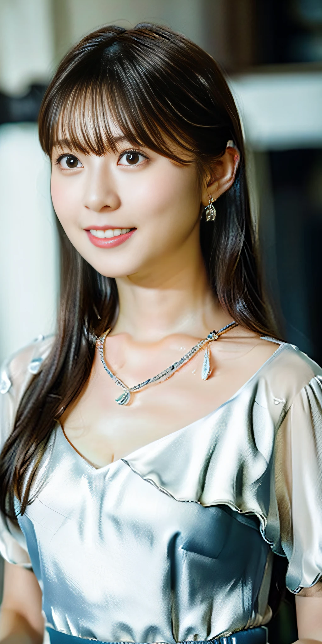 Best quality, masterpiece, high resolution, 1girl, (clear silk porcelain dress), beautiful face, hair accessories, looking at the audience, smiling, close your mouth, lips, dress, hair accessories, necklaces, jewelry, long hair, earrings, beautiful face, on the body, Tindal effect, realism, dark studio,(huge , cleavag lighting, two-tone lighting, (high detail skin: 1.2), 8k UHD, DSLR, soft light, high quality, volumetric lighting, photo, high resolution 4K, 8k, blurred background