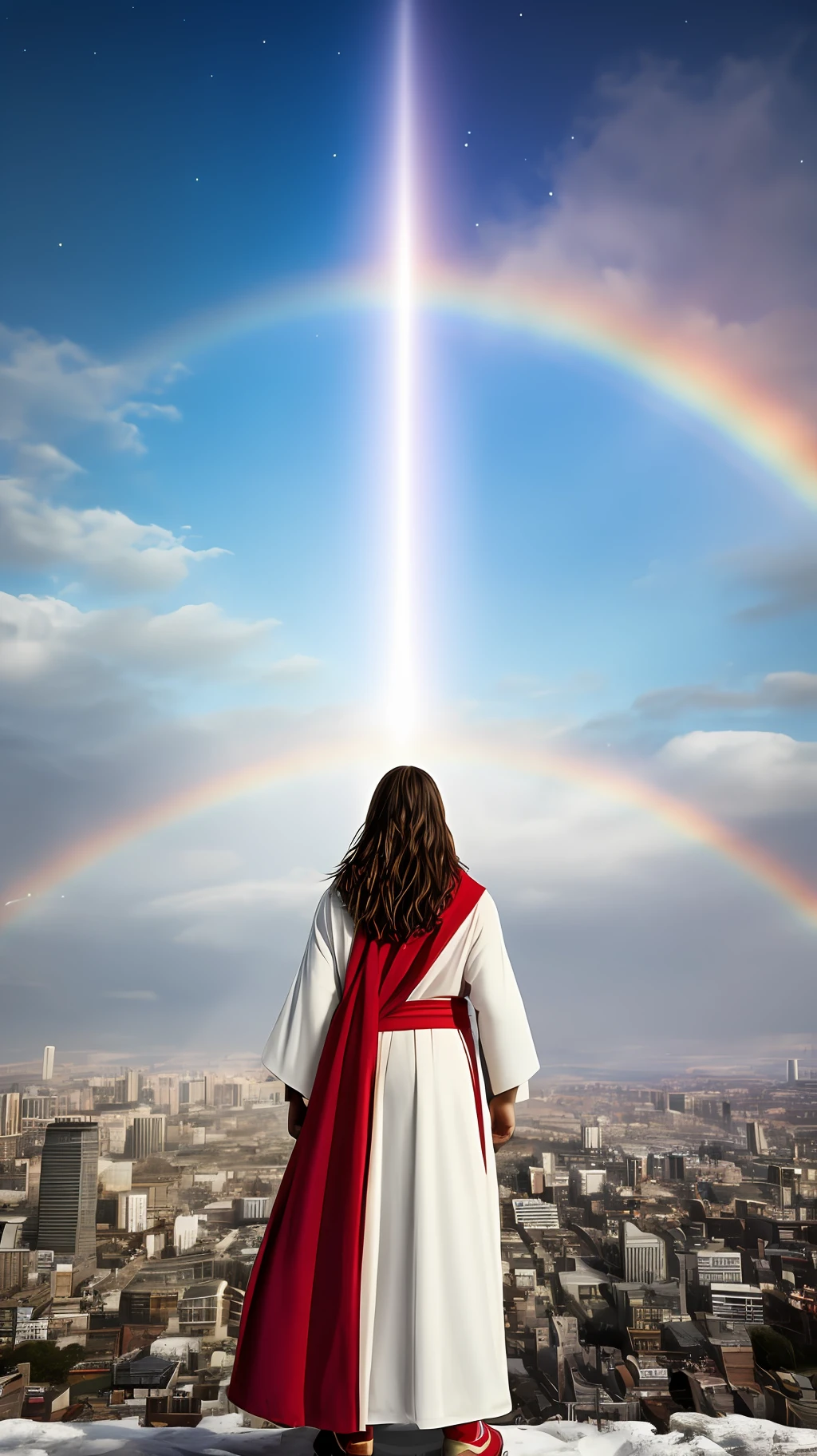 full-body, bright light, a man with long brown hair and a beard, wearing a white robe and a red cloak, standing on a hill with his arms open, surrounded by people of different ages and races, a city and a rainbow in the background, 8k, watercolor