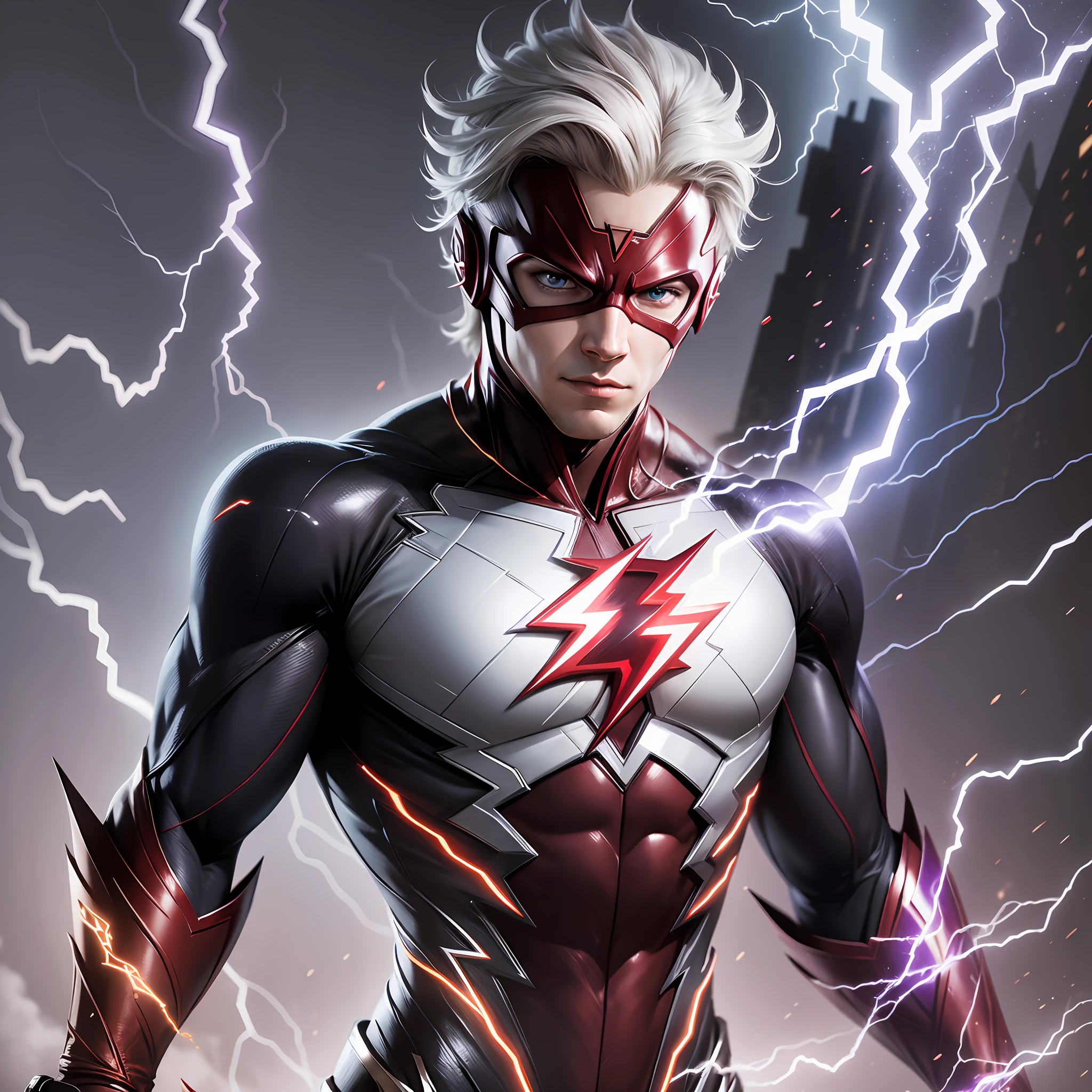 create an image of the superhero "The Flash", his trage with the colors, white, black, red, the lightning on his chest of silver color, his eyes of violet color --auto --s2