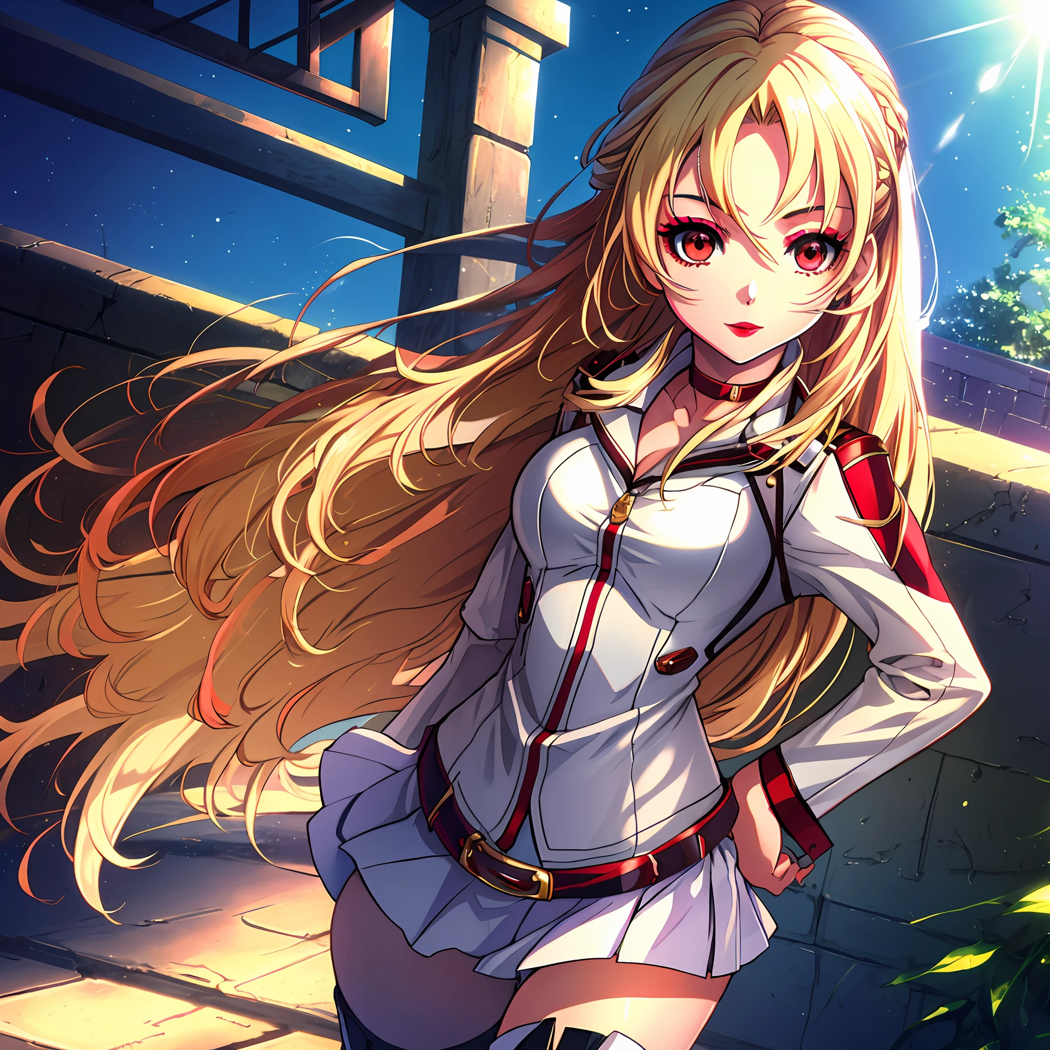(solo), she is Alisa Reinford, (long blonde hair, red eyes, white skin, shiny skin, medium breasts, makeup, lipstick), wearing a sexy white leather jacket, shoulders showing, short skirt, high-top boots, choker, in the military academy, looking at the viewer, masterpiece, best quality, 8k, sharp focus, depth of field, best shadows, perfect lights, HDR,  realistic skin texture, hyper detailed background, anime style, sunny day, showing panties, cowboy shot