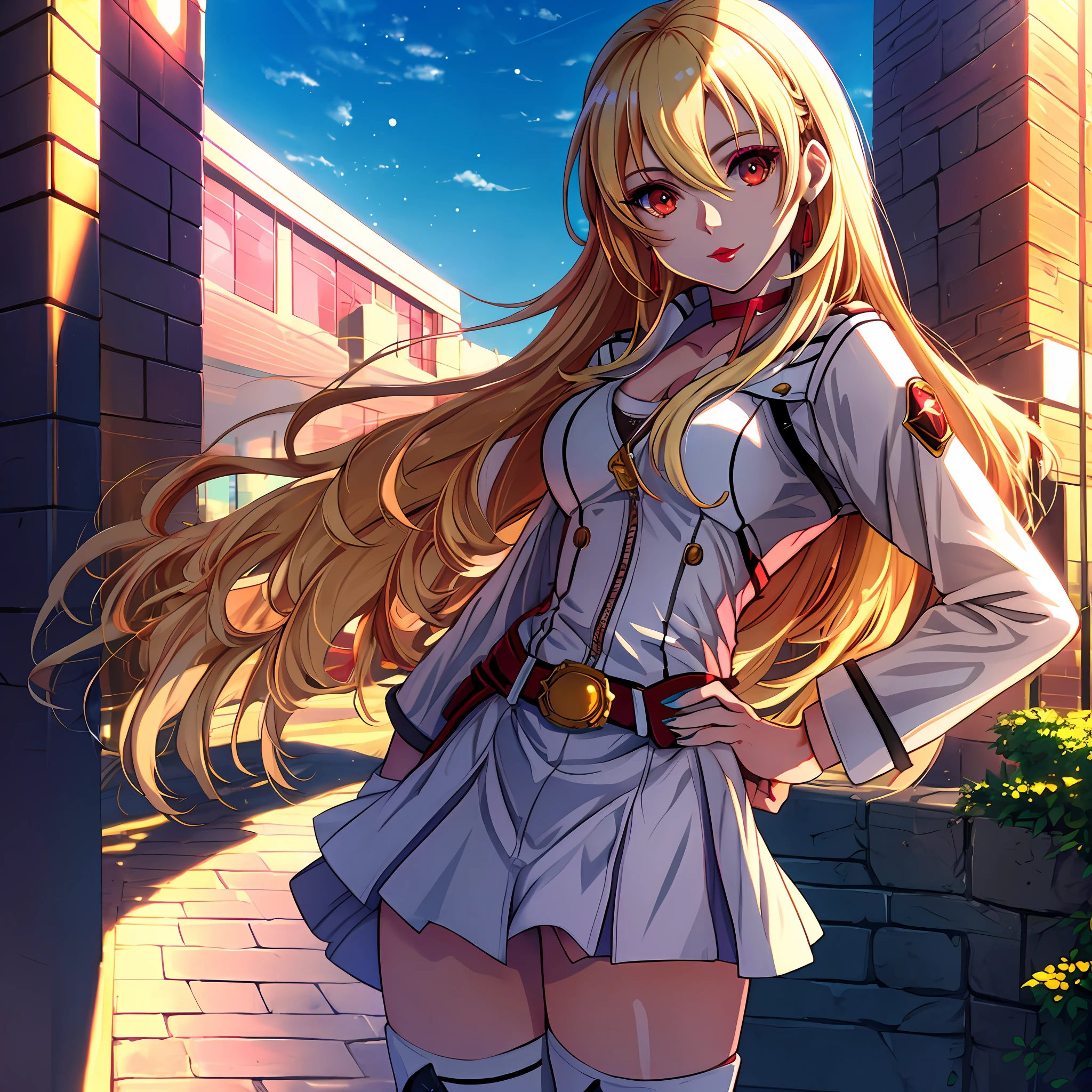 (solo), she is Alisa Reinford, (long blonde hair, red eyes, white skin, shiny skin, medium breasts, makeup, lipstick), wearing a sexy white leather jacket, shoulders showing, short skirt, high-top boots, choker, in the military academy, looking at the viewer, masterpiece, best quality, 8k, sharp focus, depth of field, best shadows, perfect lights, HDR, realistic skin texture, hyper detailed background, anime style, sunny day, showing panties, cowboy shot