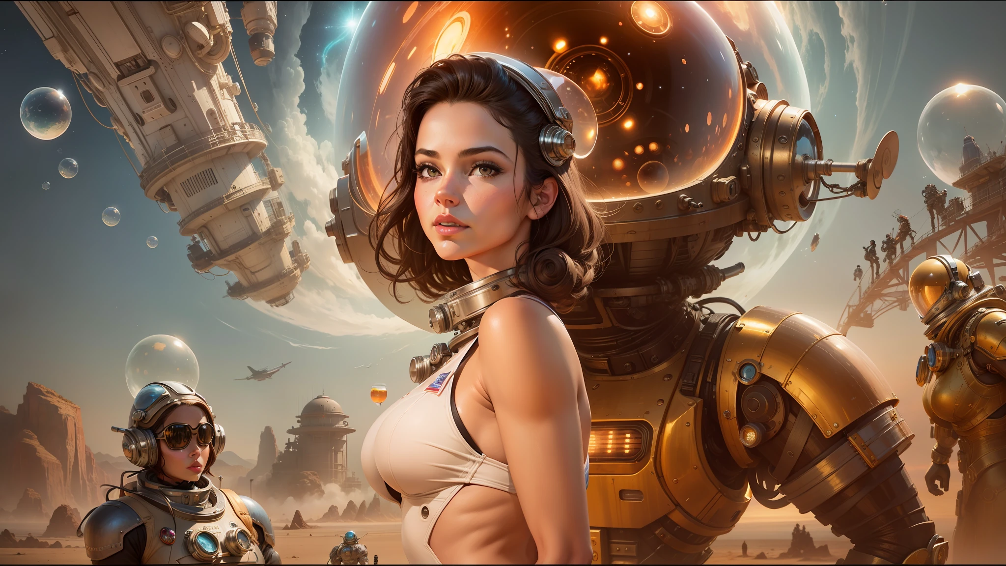 arafed image of a woman in a bikini standing in front of a robot, artgerm and gil elvgren, epic road - trip in outer space, an astronaut is under the sea, still frame from a movie, fine bubbles, portrait of a steampunk catgirl, [ bubbles, golden age illustrator, portrait of sofia vergara, cosmic style --auto --s2