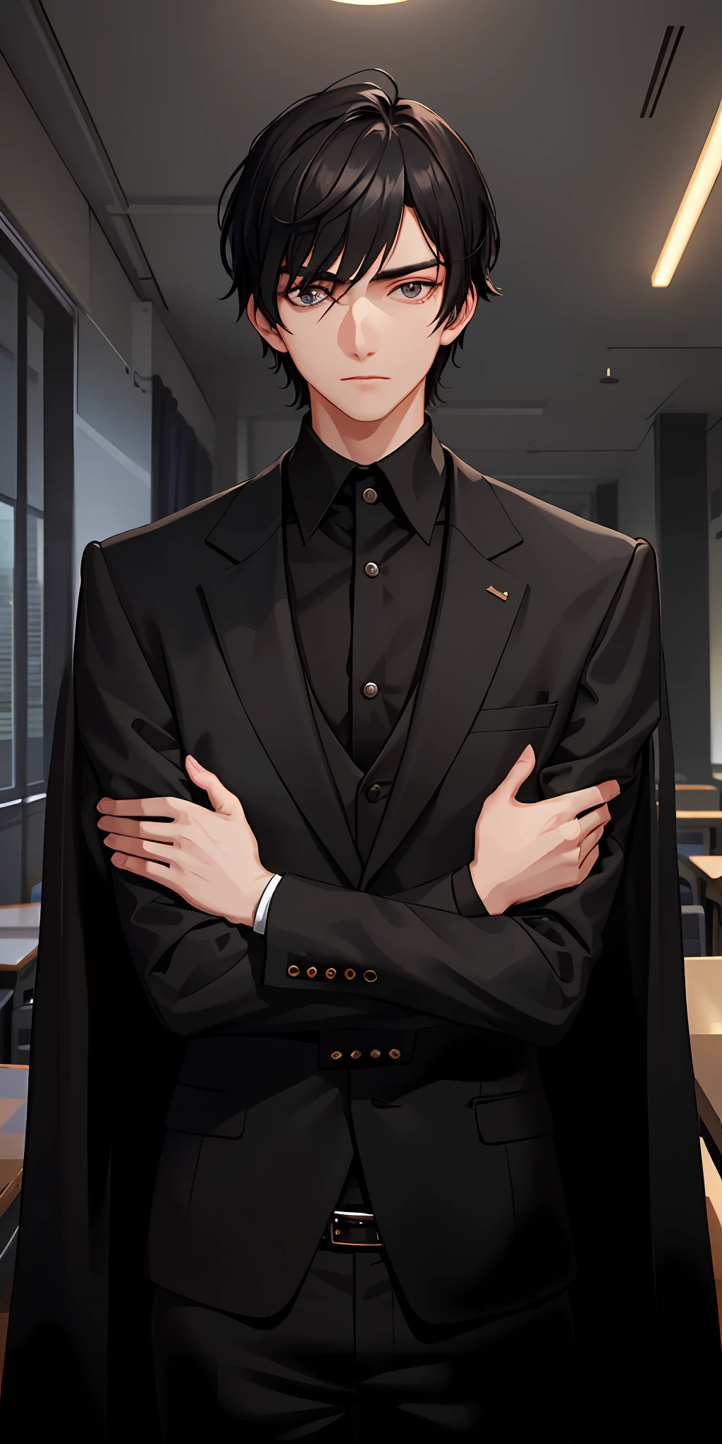 A young man with short black hair in a black suit, Handsome looking. Stand in a university classroom, Upper body display lens, A very cruel and cold expression appeared on his face, short hair, cowboy shot, 8k, best quality, high details, textured skin, UHD