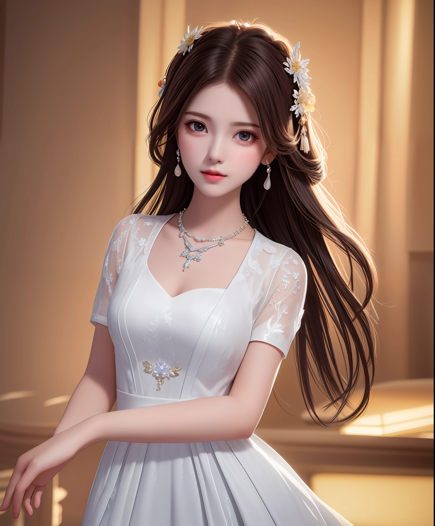 Best quality, masterpiece, high resolution, 1girl, porcelain dress, hair accessories, necklace, jewelry, beautiful face, on the body, Tyndall effect, realistic, dark studio, edge lighting, two-tone lighting, (high detail skin: 1.2), 8k UHD, dslr, soft light, high quality, volumetric light, candid, photo, high resolution, 4k, 8k, background blur,
