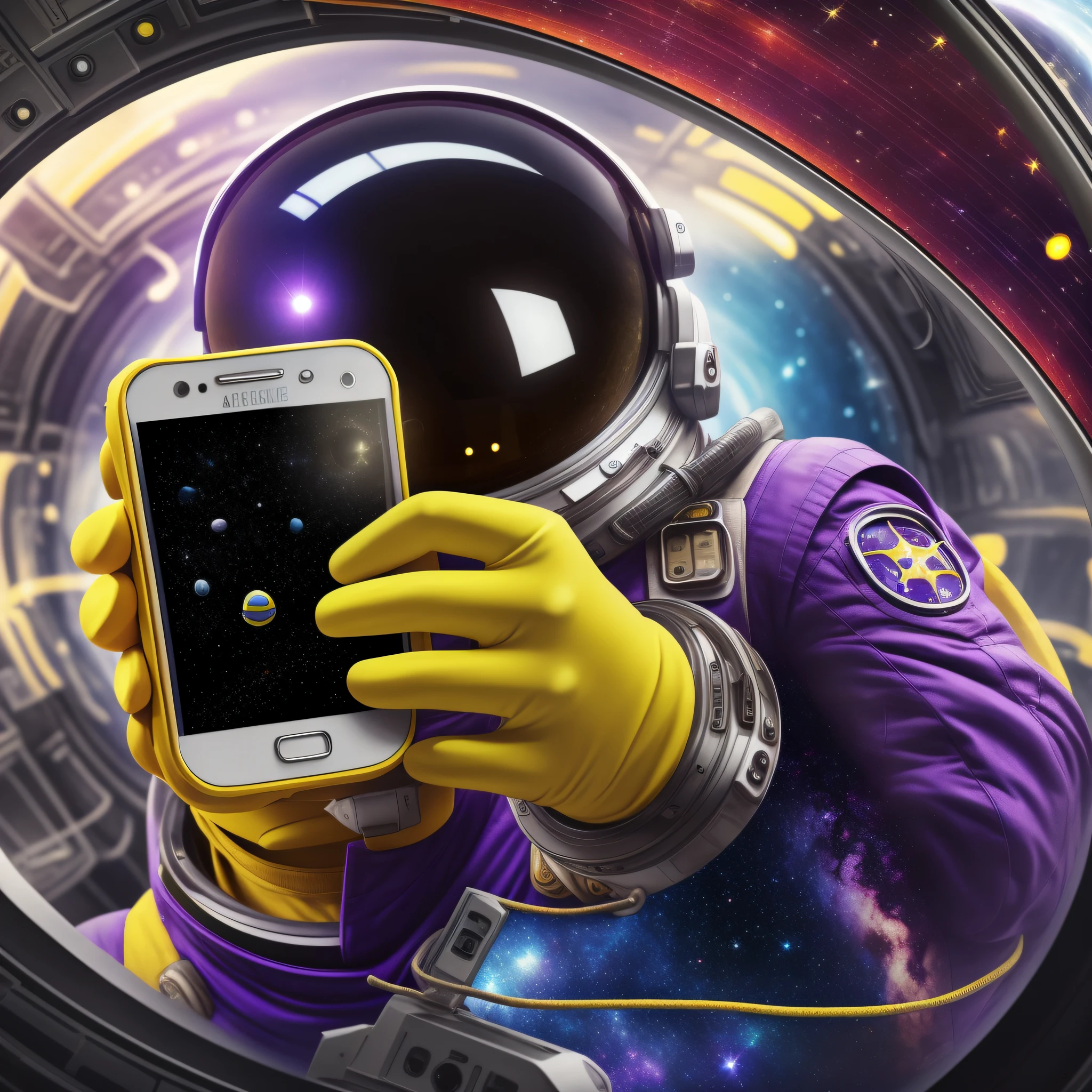 arafed astronaut in space suit holding up a cell phone, minion in space, galactic yellow violet colors, yellow space suit, astronaut, inspired by Scott Listfield, detailed astronaut, futuristic astronaut, galaxy space sci - fi, astronaut lost in liminal space, key art, galaxy, lonely astronaut, digital space, an astronaut relaxing in space, fully space suited