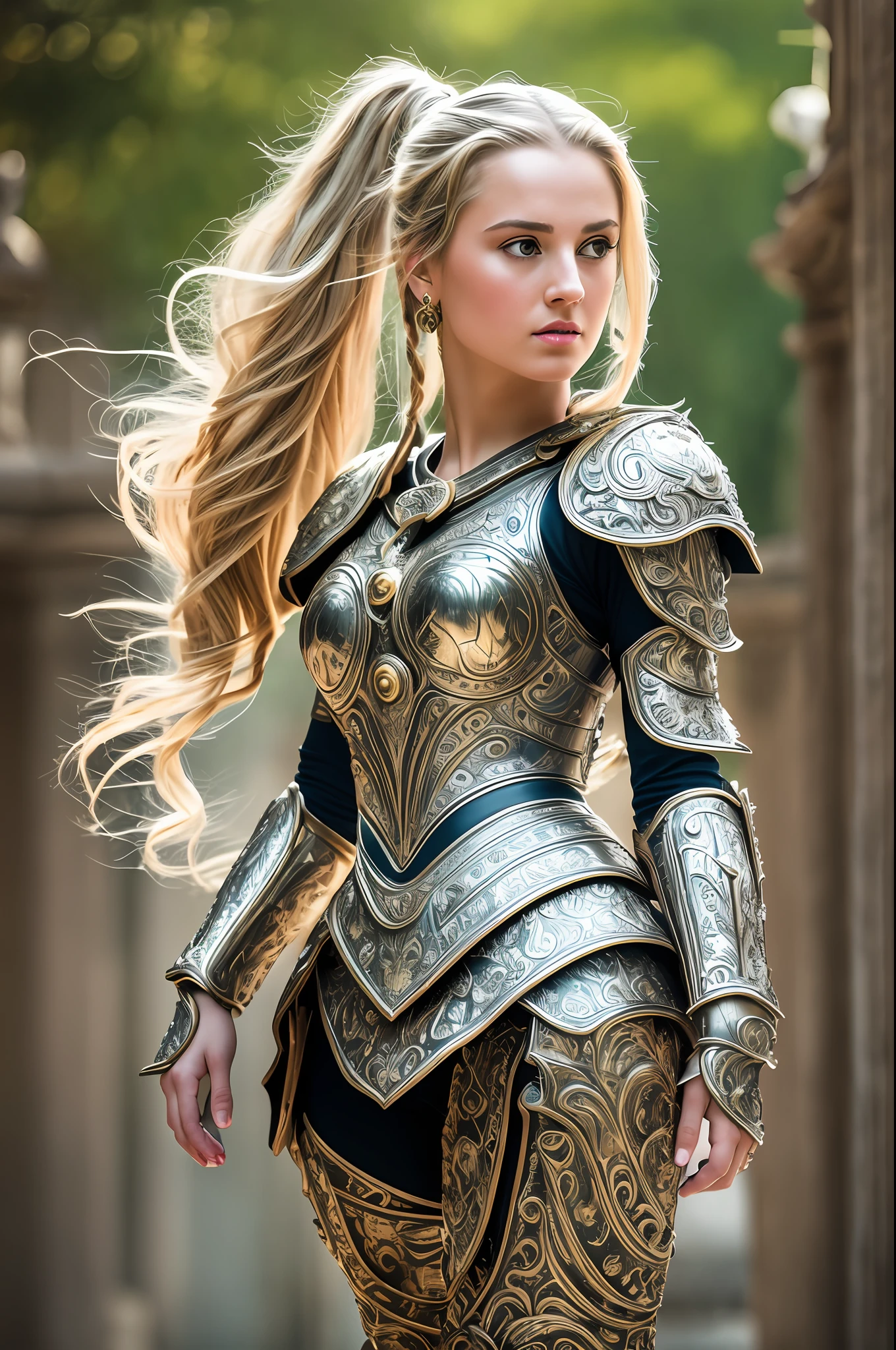 (8K, best quality:1.2), (masterpiece:1.37), (photo, photorealistic:1.37), (ultrahigh-res), full body, walking pose, shot from front, slow motion, female paladin wearing the full body, (light silver armour:1.2),(ornately decorated armor), (insanely detailed, bloom:1.5), (highest quality, Alessandro Casagrande, Greg Rutkowski, Sally Mann, concept art, 4k), (analog:1.2), (high sharpness), (detailed pupils:1.1), detailed face and eyes, Masterpiece, best quality, (highly detailed photo:1.1), (long blonde Hair, ponytail,ecstatic:1.1), (young woman:1.1), sharp, (perfect body:1.1), realistic, real shadow, 3d, (temple background:1.2), (by Michelangelo), photographed by Canan EOS R6, 135mm, 1/1250s, f/2.8, ISO 400