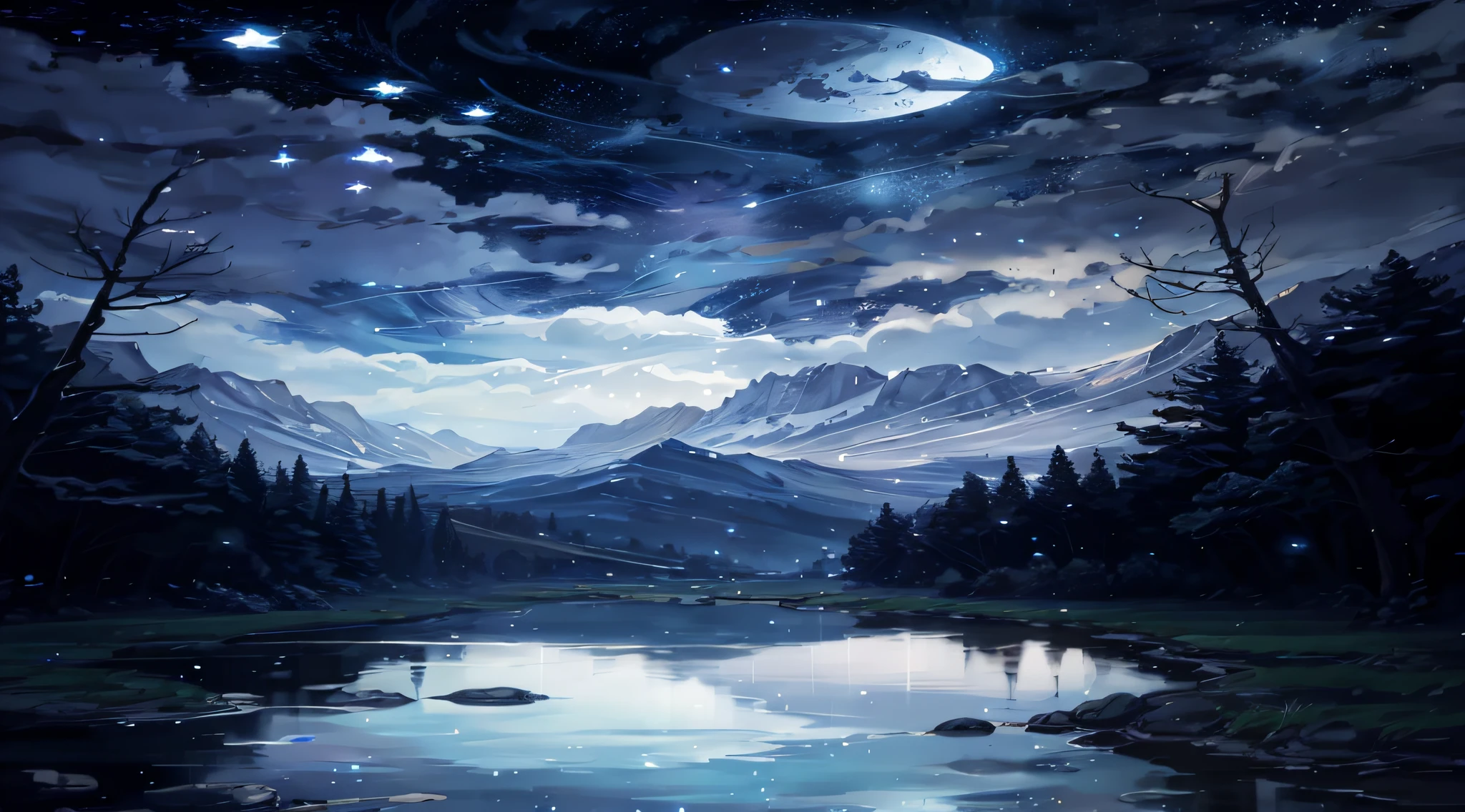 A painting of a river with stars and moon in the sky, concept art inspired by Tosa Mitsuoki, pixiv contest winner, best quality, fantasy art, beautiful anime scene, a bright moon, moonlit starry environment, dream painting, Anime Background Art, Fantasy Landscape Art, Fantasy Night, Anime Background, Background Artwork, Fantastic Art, Atmospheric Anime, Starry Sky, Detail Enhanced.