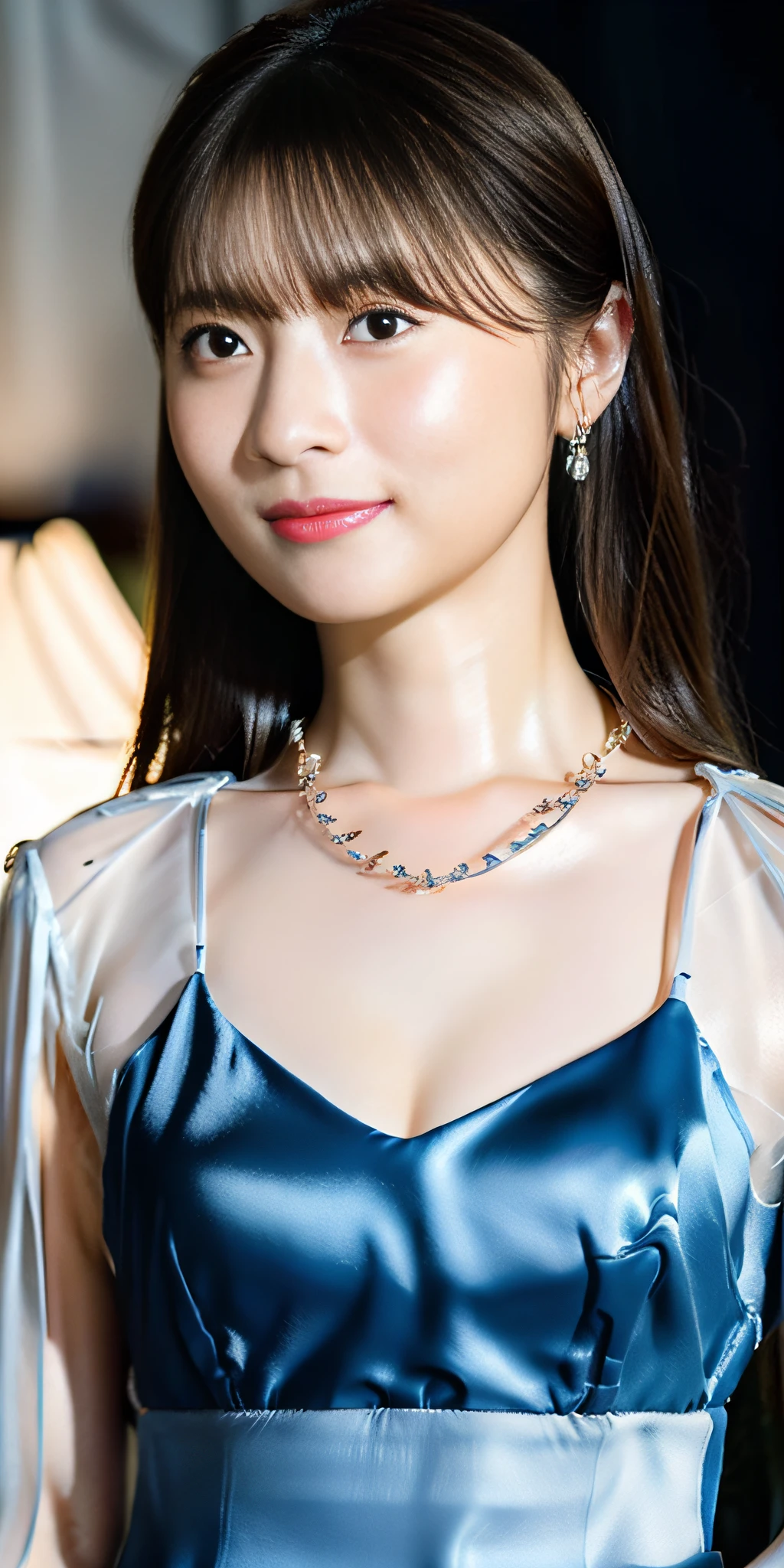 Best quality, masterpiece, high resolution, 1girl, ((clear silk porcelain dress)), beautiful face, hair accessories, looking at the audience, smiling, close your mouth, lips, dress, hair accessories, necklaces, jewelry, long hair, earrings, beautiful face, on the body, Tindal effect, realism, dark studio,((huge breasts, cleavage)), edge lighting, two-tone lighting, (high detail skin: 1.2), 8k UHD, DSLR, soft light, high quality, volumetric lighting, photo, high resolution 4K, 8k, blurred background