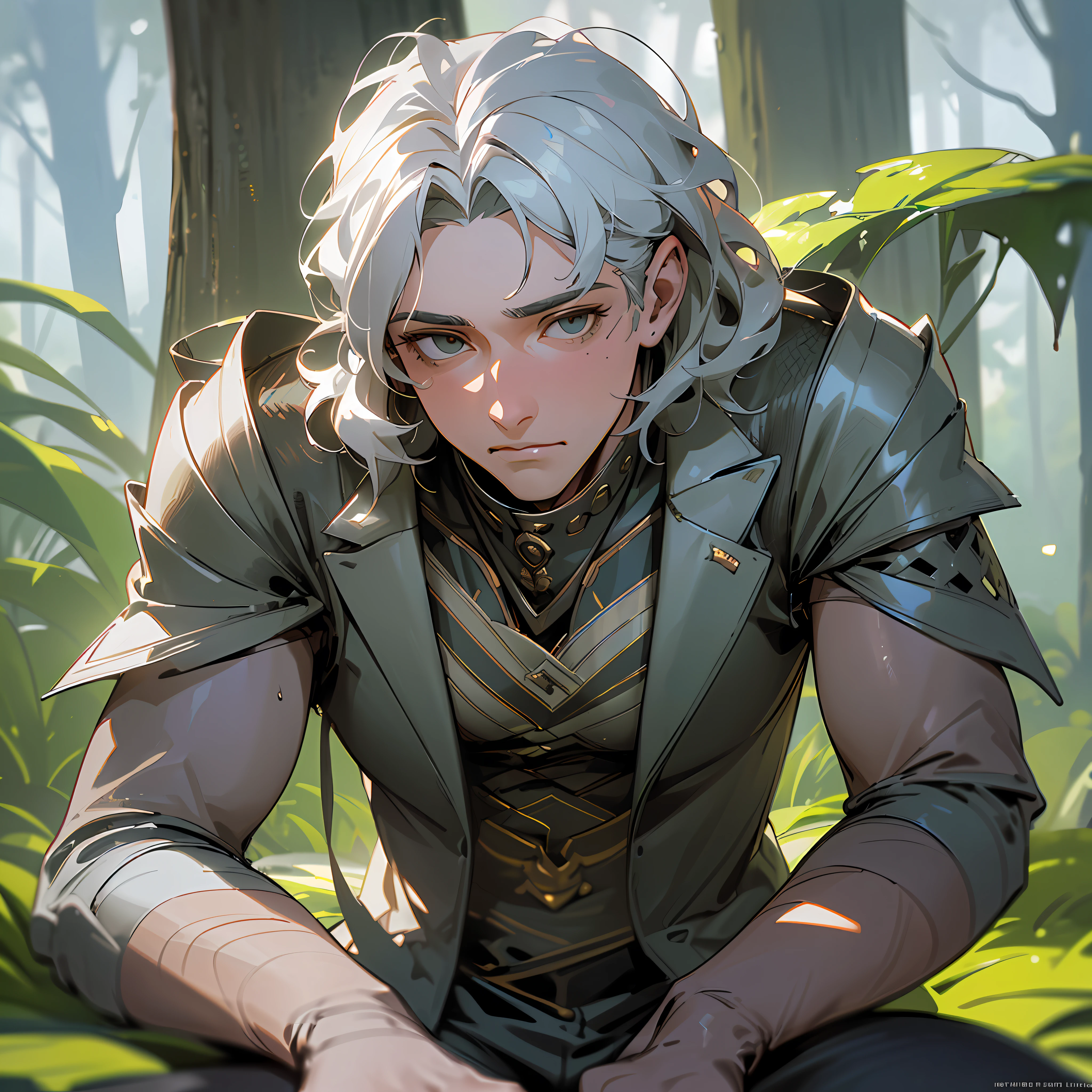 ((Best quality)), ((masterpiece)), (detailed:1.4), 3D, an image of short wavy, silver hair man, extremly handsome young man, wearing regal outfit, sitting on the forest, HDR (High Dynamic Range),Ray Tracing,NVIDIA RTX,Super-Resolution,Unreal 5,Subsurface scattering,PBR Texturing,Post-processing,Anisotropic Filtering,Depth-of-field,Maximum clarity and sharpness,Multi-layered textures,Albedo and Specular maps,Surface shading,Accurate simulation of light-material interaction,Perfect proportions,Octane Render,Two-tone lighting,Wide aperture,Low ISO,White balance,Rule of thirds,8K RAW,