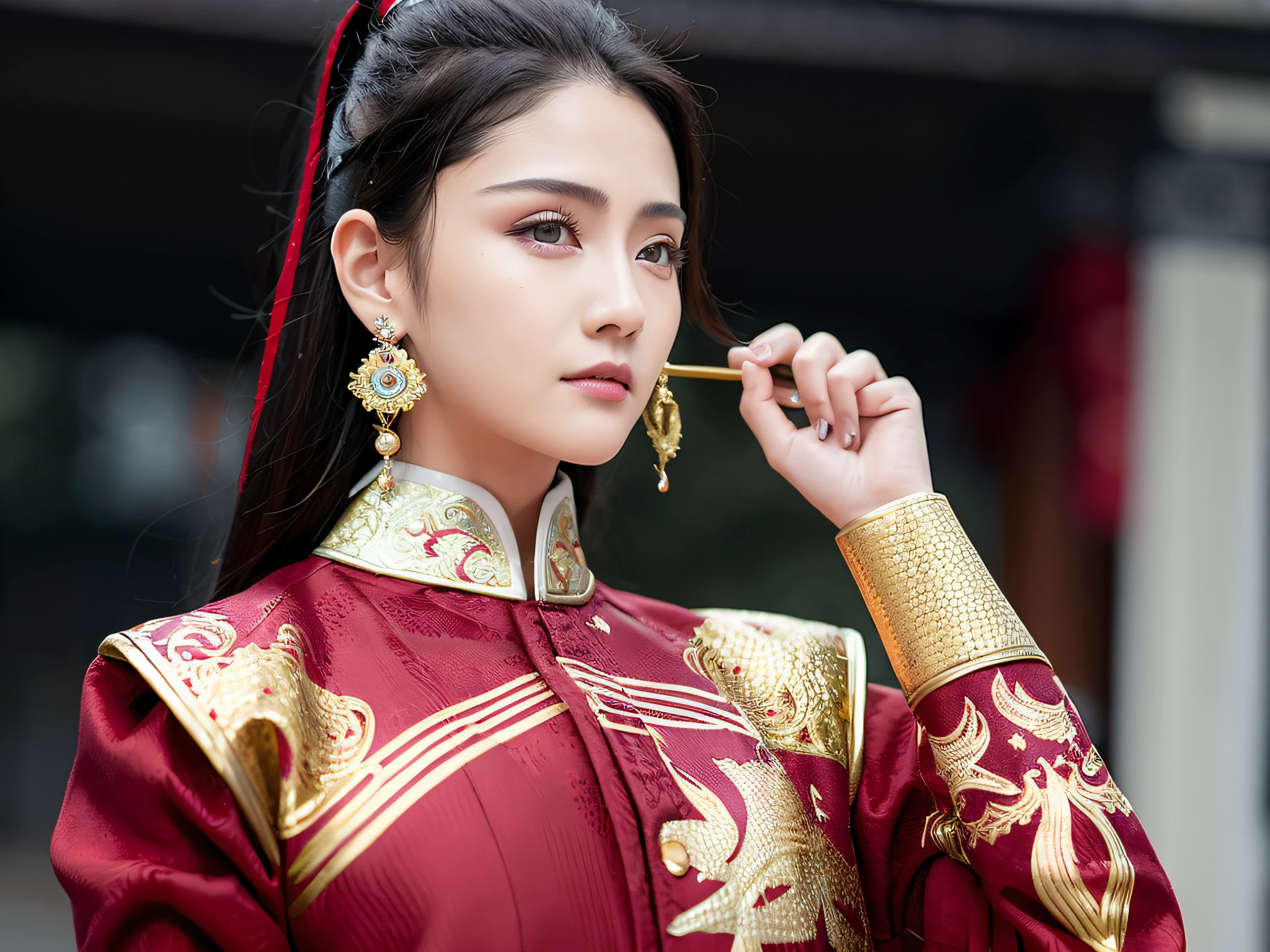 feiyu_clothes, red fabric, gold embroidery, gold embroidered black bracer, high ponytail, depth of field, night city view, 1girl, ulzzang-6500v1.1, (original: 1.2), (reality: 1.3) , beautiful girl with beautiful details, extremely detailed eyes and face, eyes with beautiful details, ridiculous, incredibly ridiculous, huge file size, hyper detail, high resolution, super detail, best quality, masterpiece, Illustrations, super detailed and beautiful, super detailed, CG, solidarity, 8k wallpaper, amazing, fine details, masterpiece, top quality, official art, extremely detailed CG Unity 8k wallpaper, cinematic lighting, (perfect shiny skin:0.6), slim smooth lines, (floating), (small breasts:1), earrings, masterpiece, best quality,