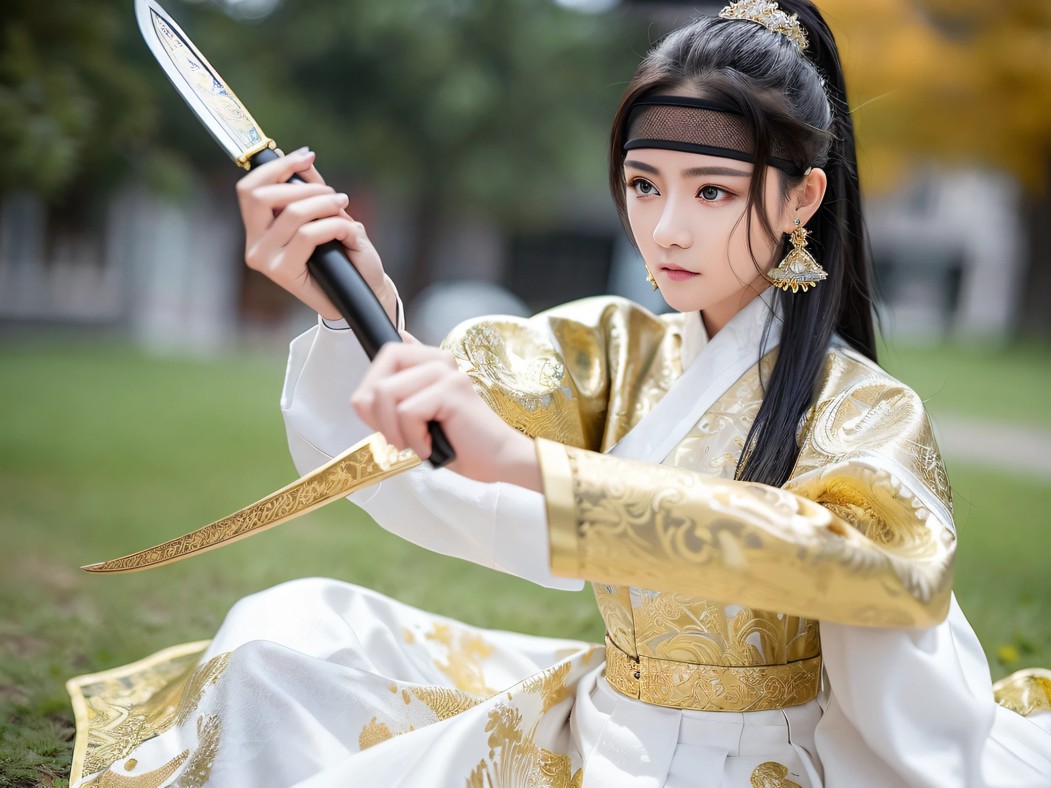 feiyu_clothes, white fabric, gold embroidery, gold embroidered black bracer, high ponytail, depth of field, long knife, 1girl, ulzzang-6500v1.1, (original: 1.2), (reality: 1.3) , beautiful girl with beautiful details, extremely detailed eyes and face, eyes with beautiful details, ridiculous, incredibly ridiculous, huge file size, ultra detail, high resolution, super detail, best quality, masterpiece, Illustrations, super detailed and beautiful, super detailed, CG, solidarity, 8k wallpaper, amazing, fine details, masterpiece, top quality, official art, extremely detailed CG Unity 8k wallpaper, cinematic lighting, (perfect shiny skin:0.6), slim smooth lines, (floating), (small breasts:1), earrings, masterpiece, best quality,